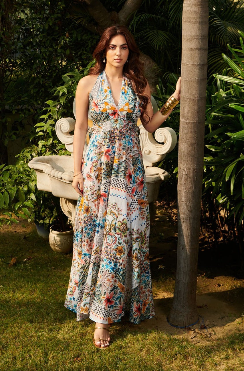 Halter neck printed maxi dress