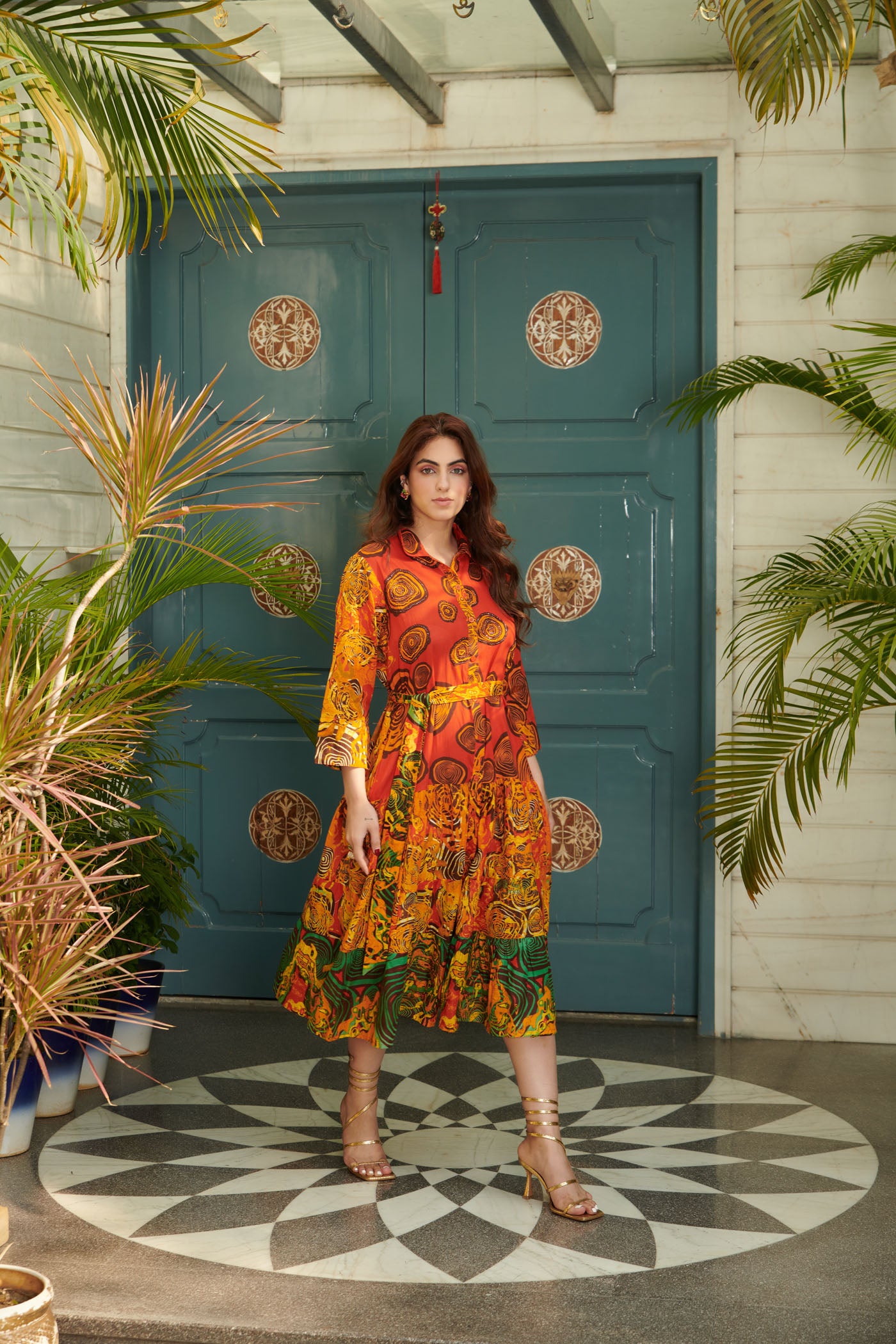 Orange printed midi shirt dress