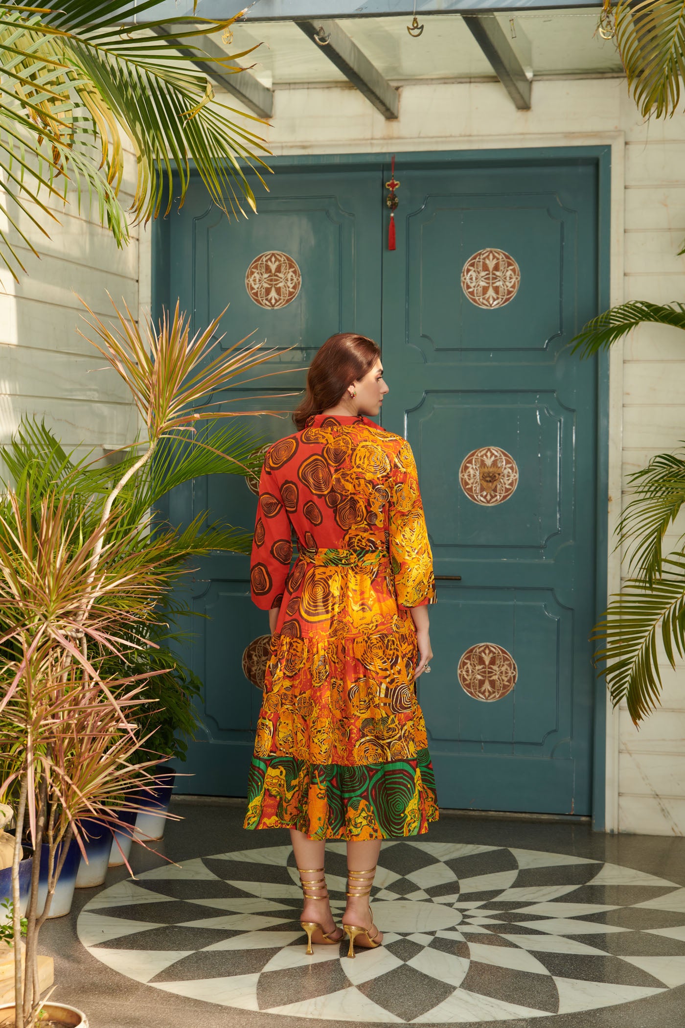 Orange printed midi shirt dress