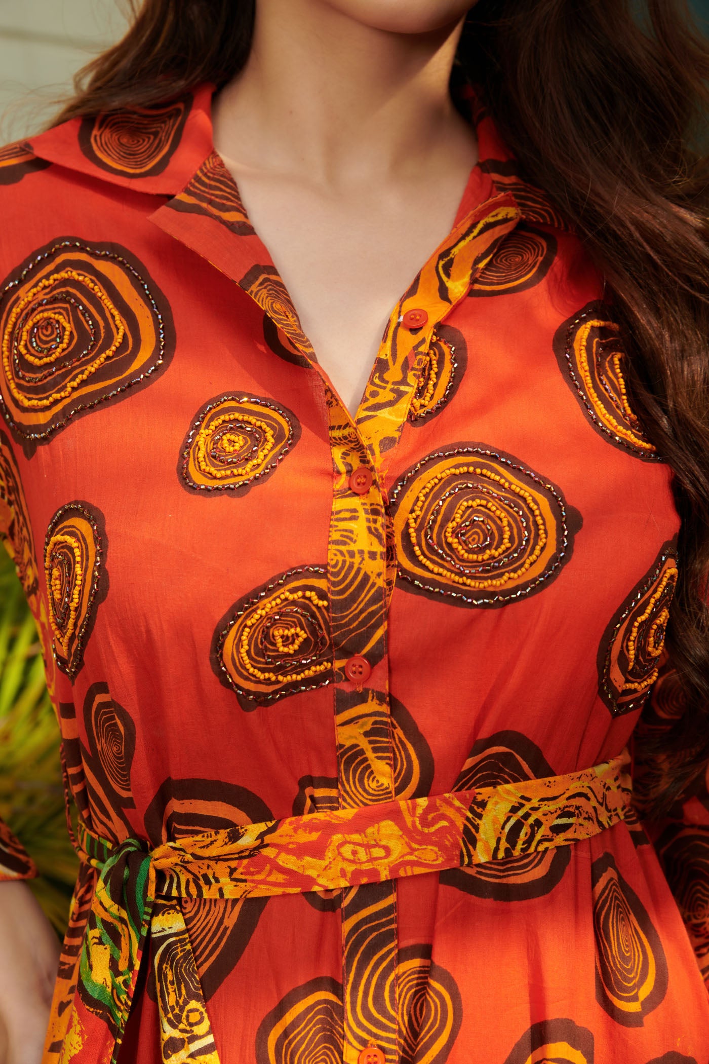 Orange printed midi shirt dress
