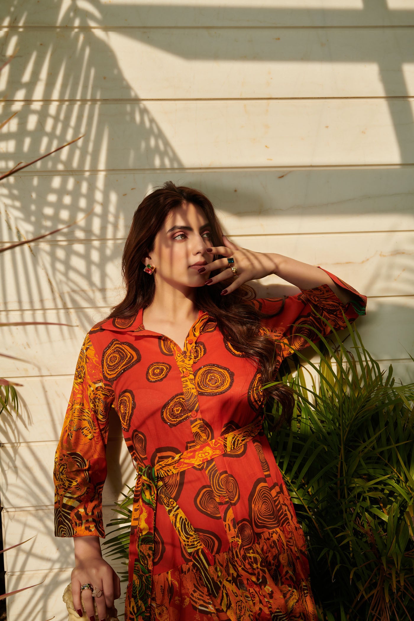 Orange printed midi shirt dress