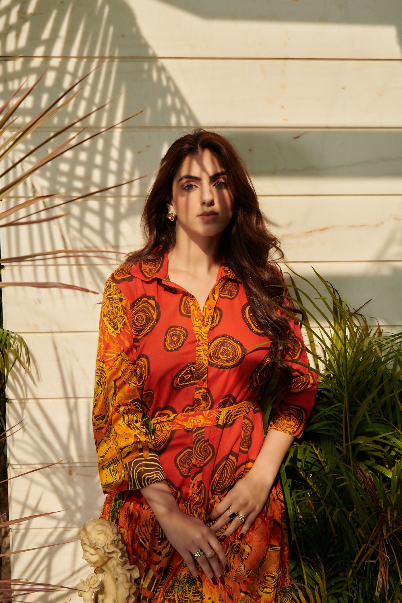 Orange printed midi shirt dress