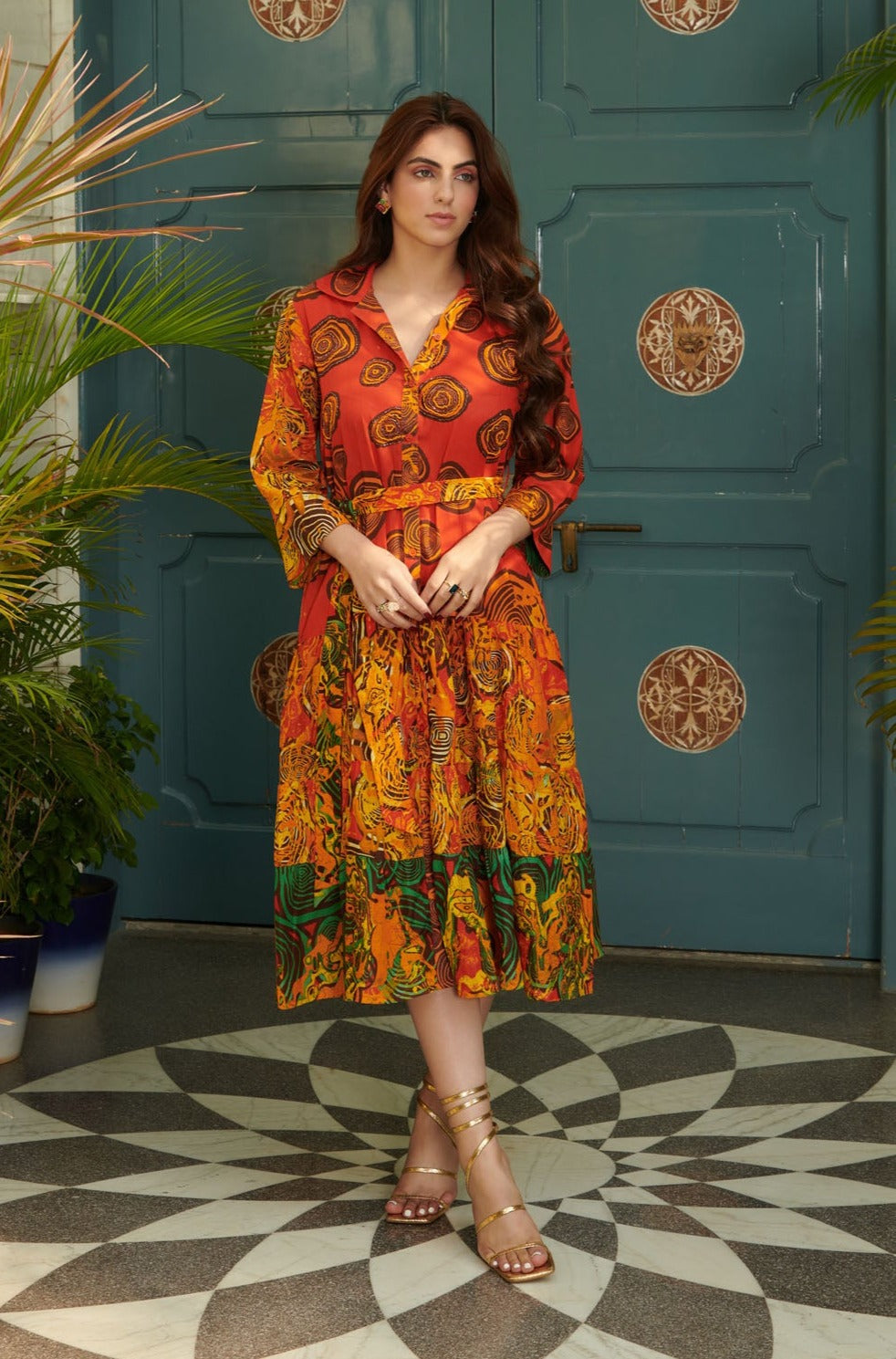 Orange printed midi shirt dress