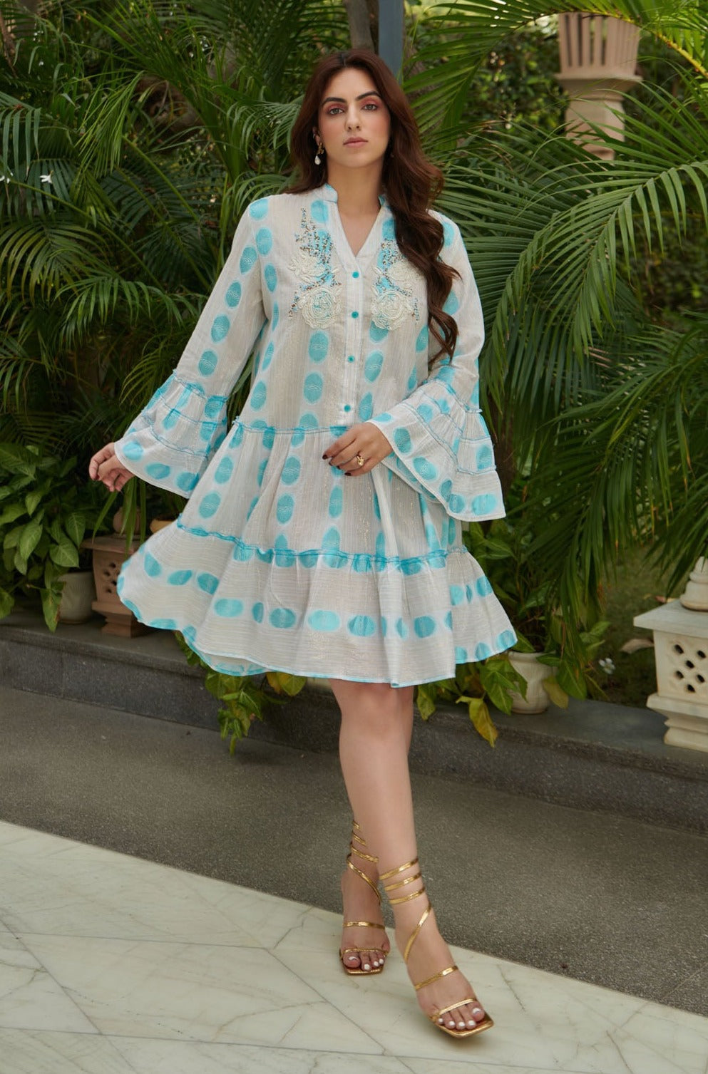 White bell sleeves short aline dress