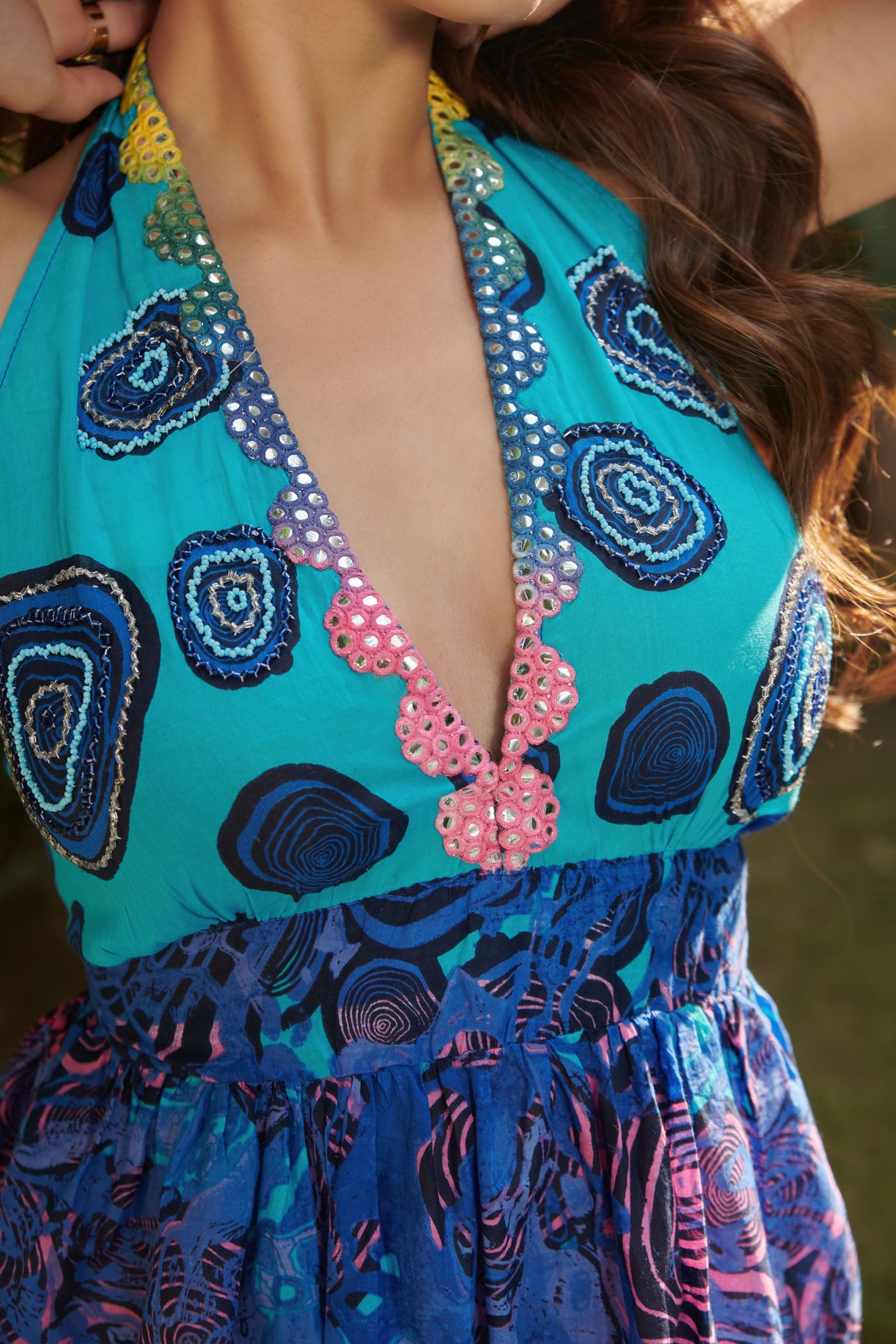 Halter neck blue printed short dress