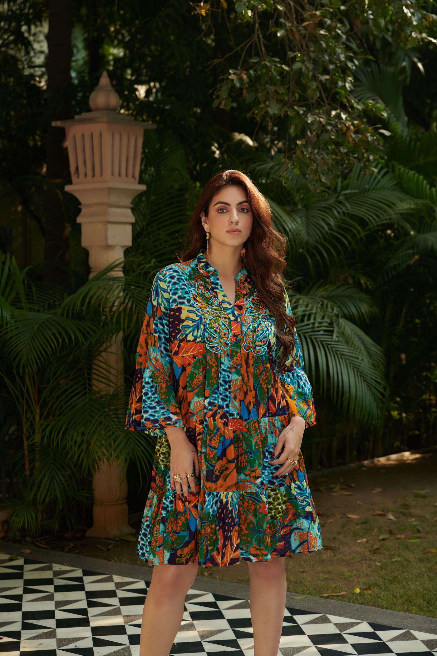 Forest print embroidered tier dress