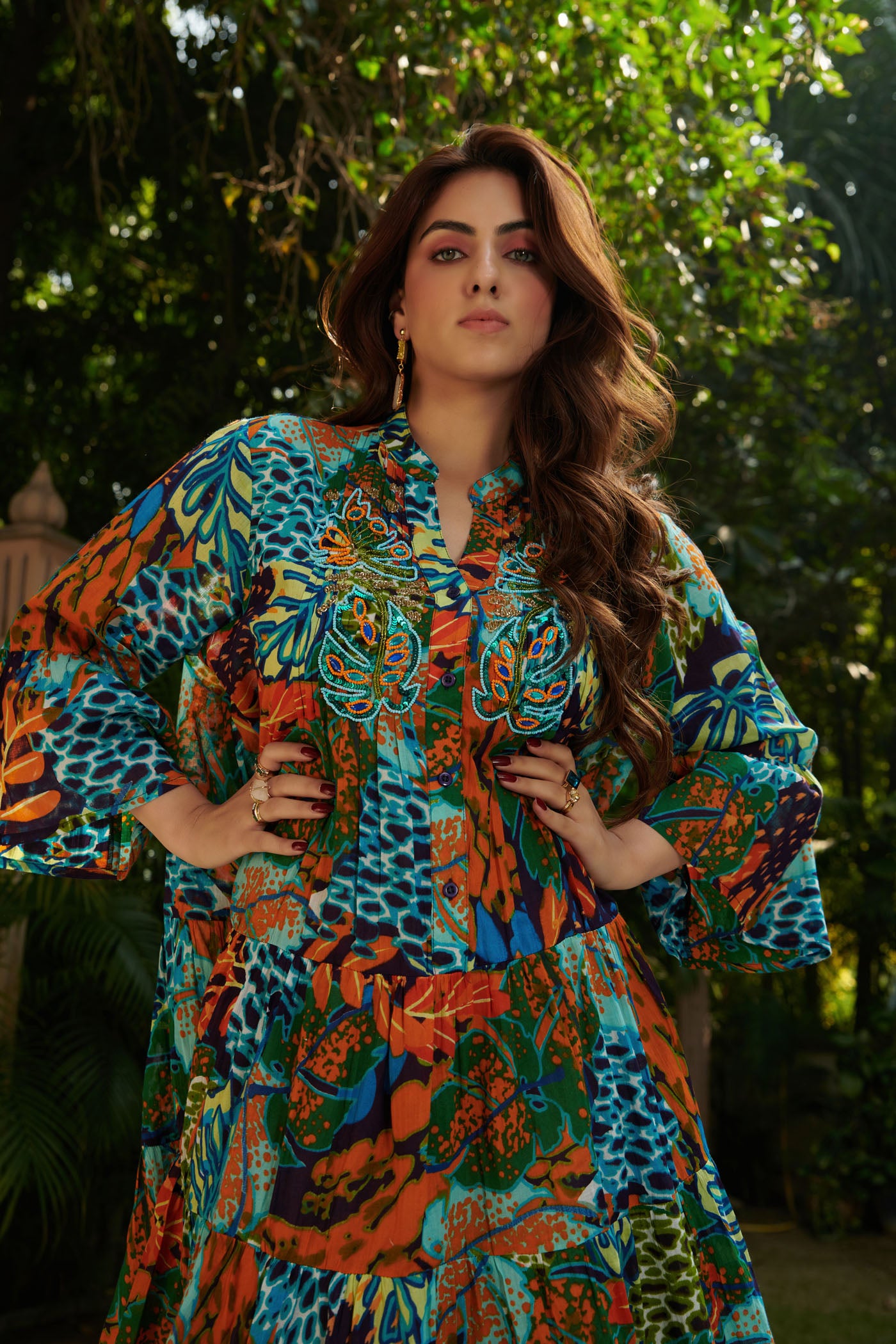 Forest print embroidered tier dress