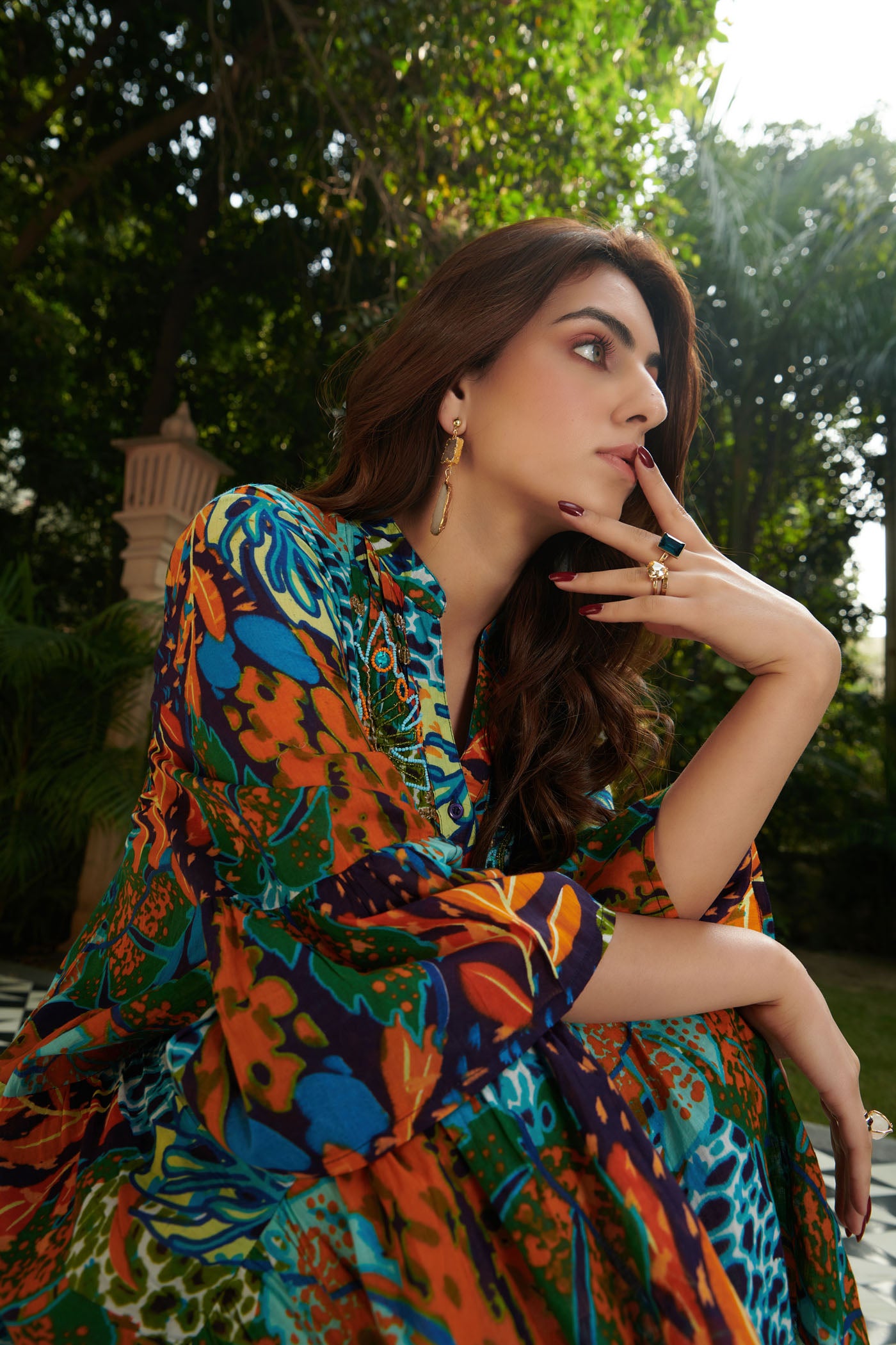 Forest print embroidered tier dress
