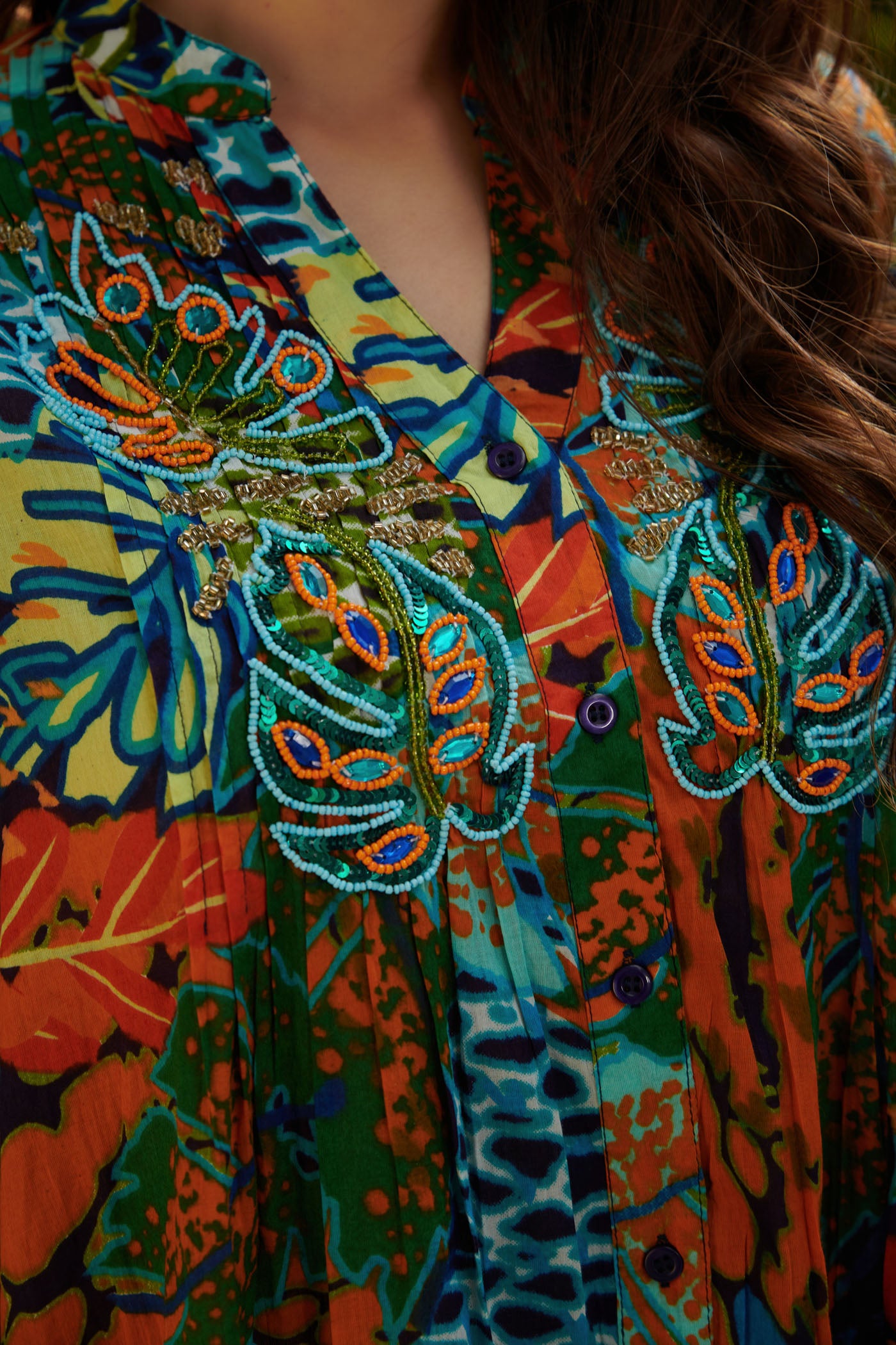 Forest print embroidered tier dress