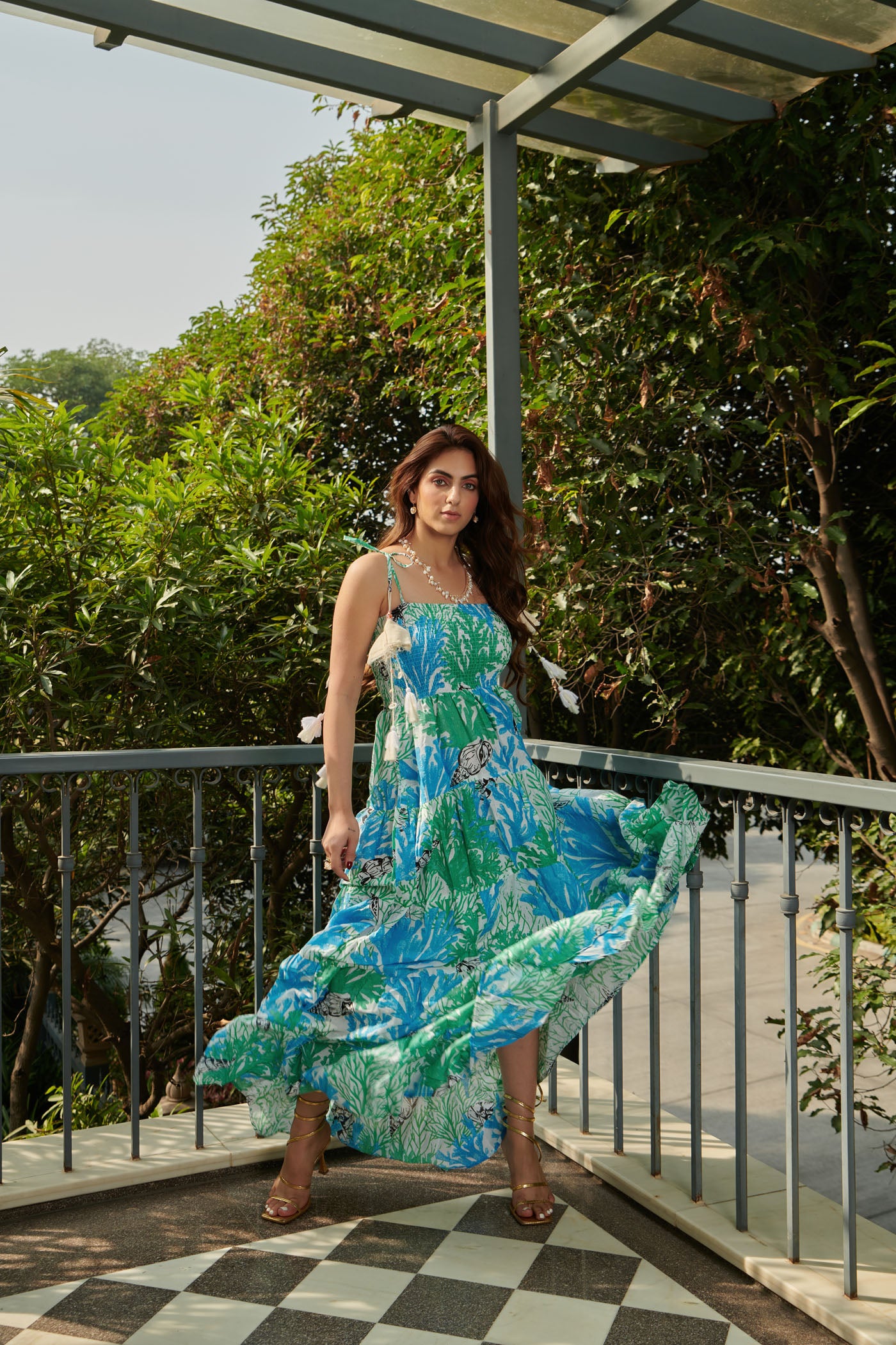 Blue aqua long smocking dress
