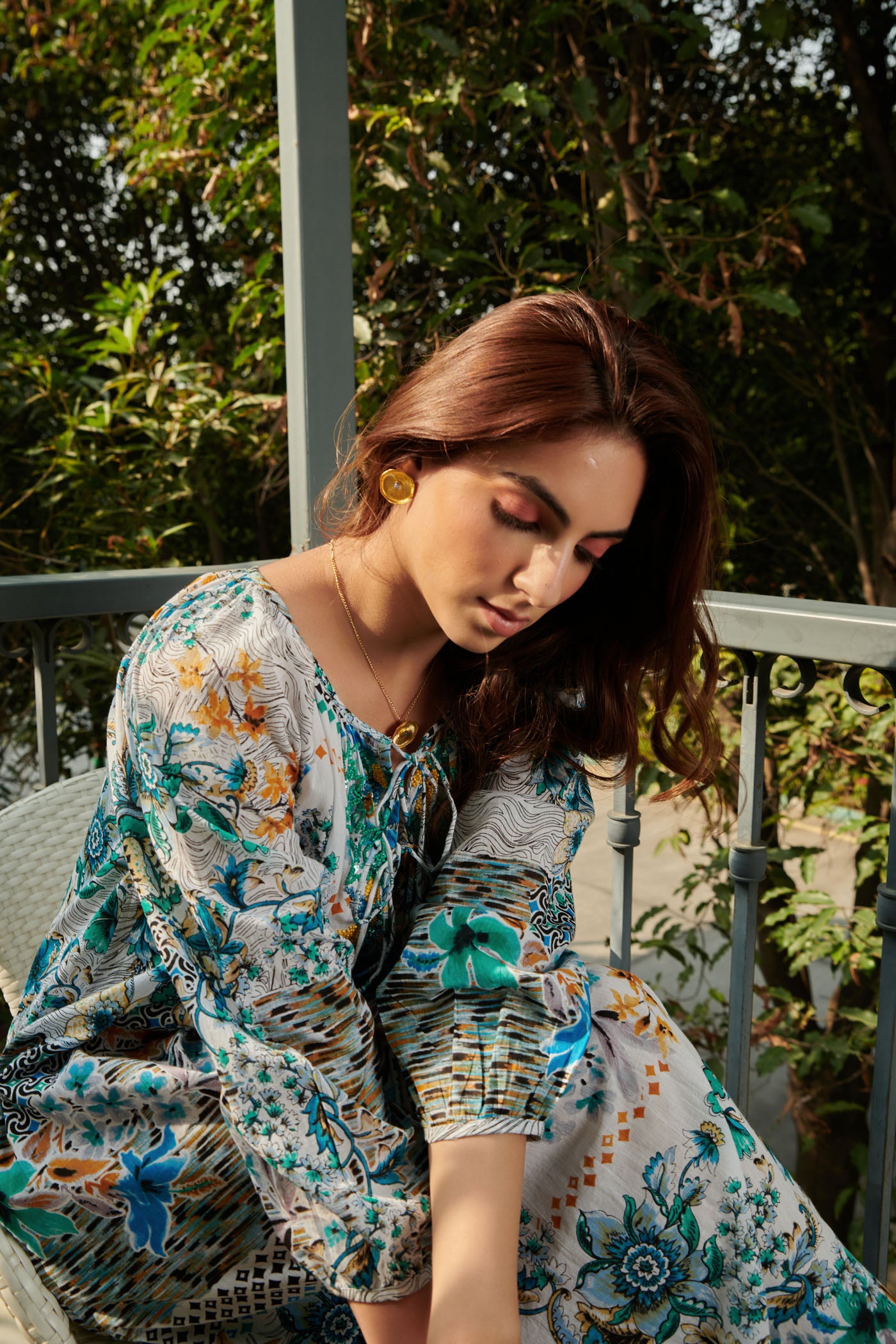 Blue floral printed long dress