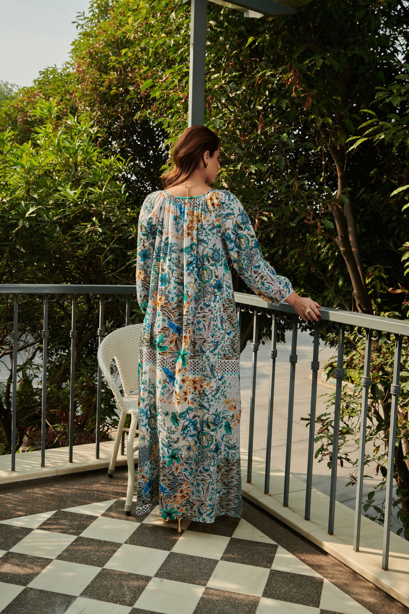 Blue floral printed long dress