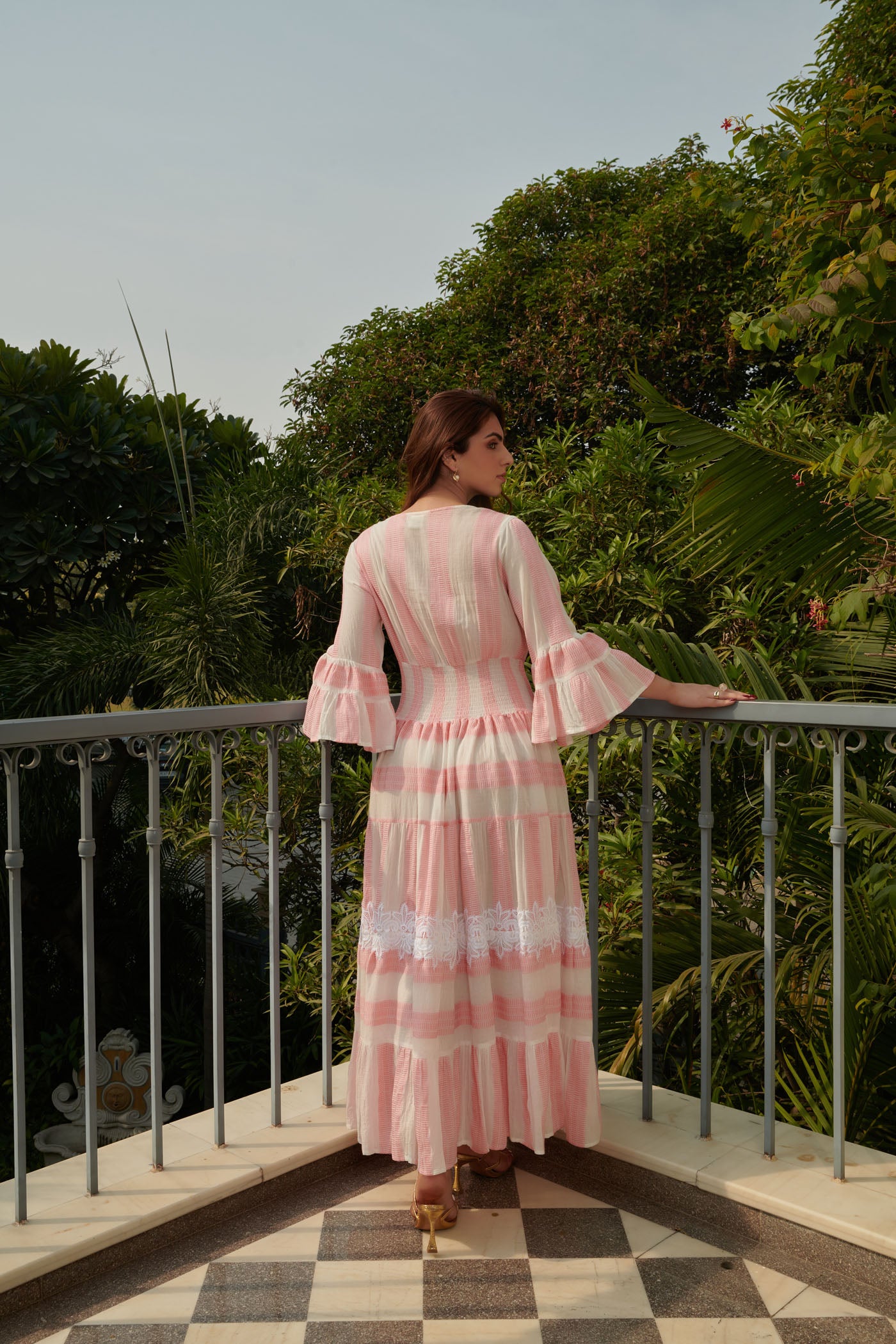 Peach stripe v neck maxi tier dress