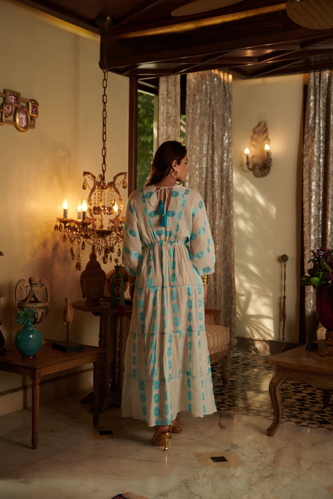 BLUE JACQUARD PRINTED V NECK LONG TIER DRESS