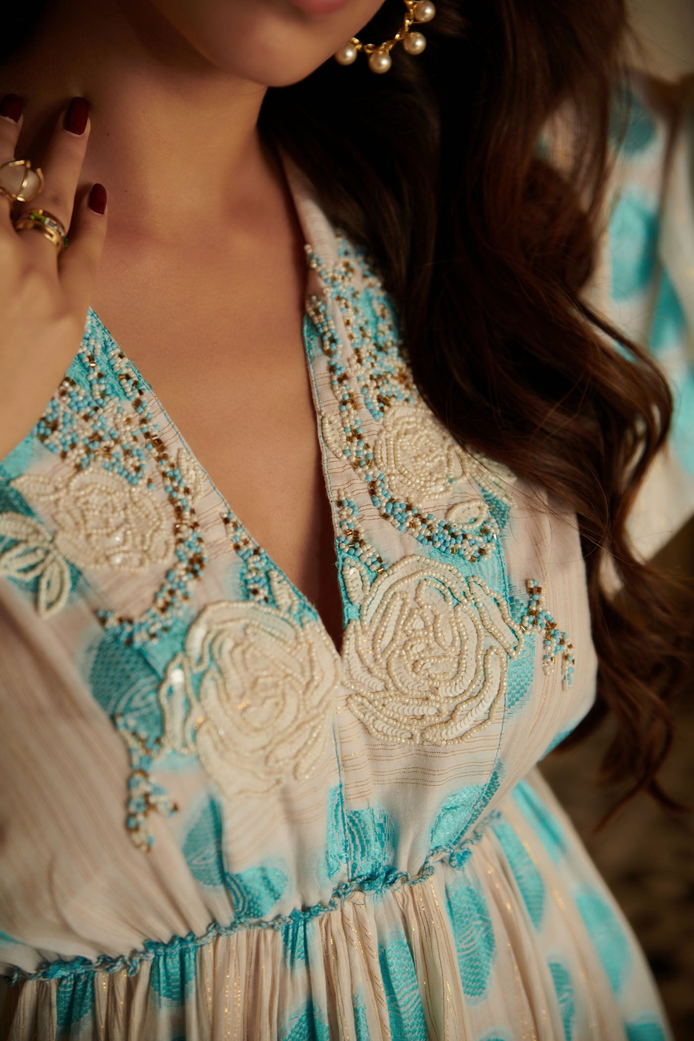 BLUE JACQUARD PRINTED V NECK LONG TIER DRESS