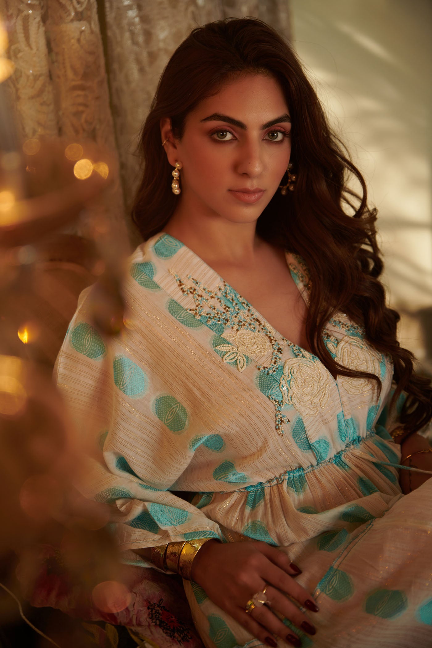 BLUE JACQUARD PRINTED V NECK LONG TIER DRESS