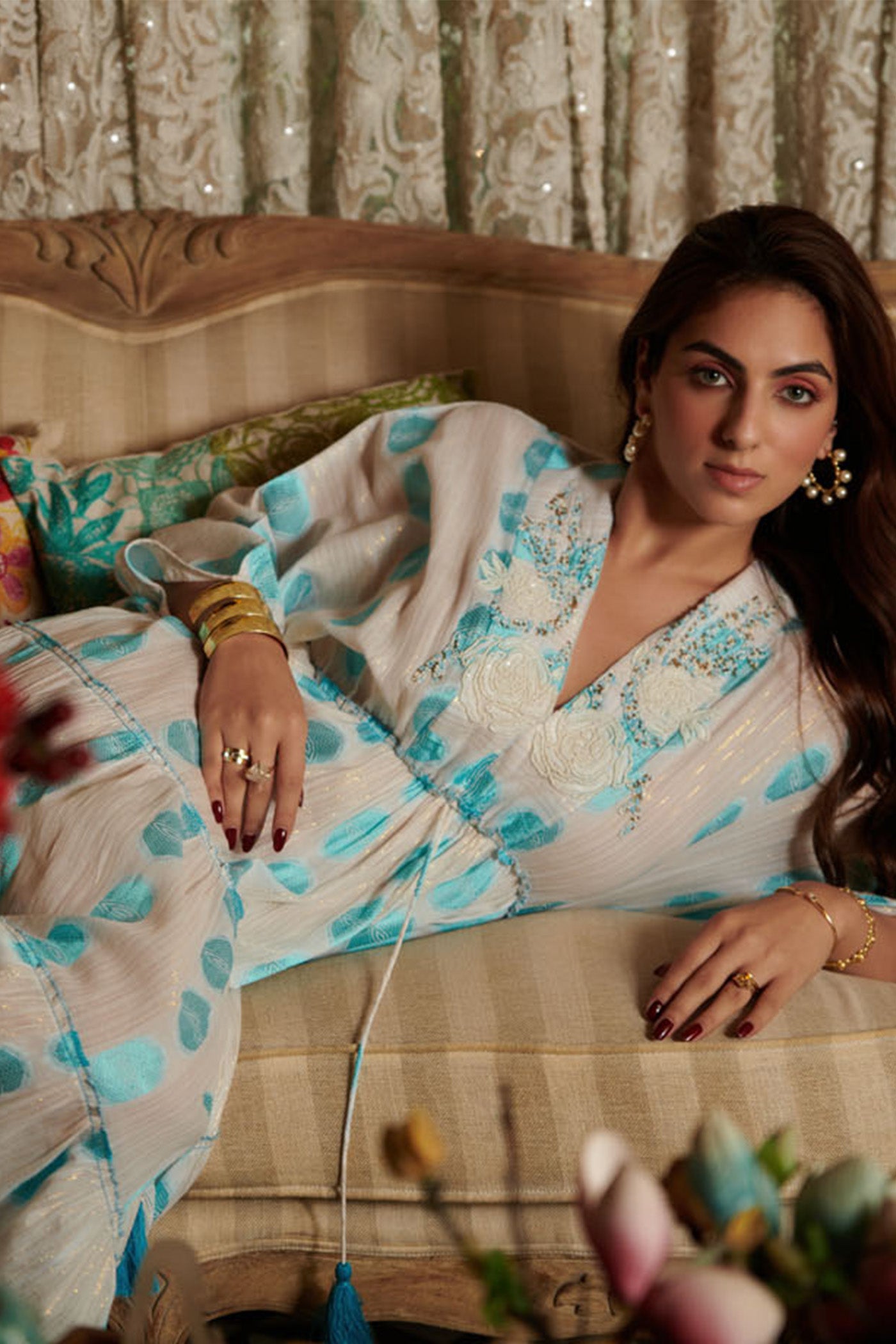 BLUE JACQUARD PRINTED V NECK LONG TIER DRESS