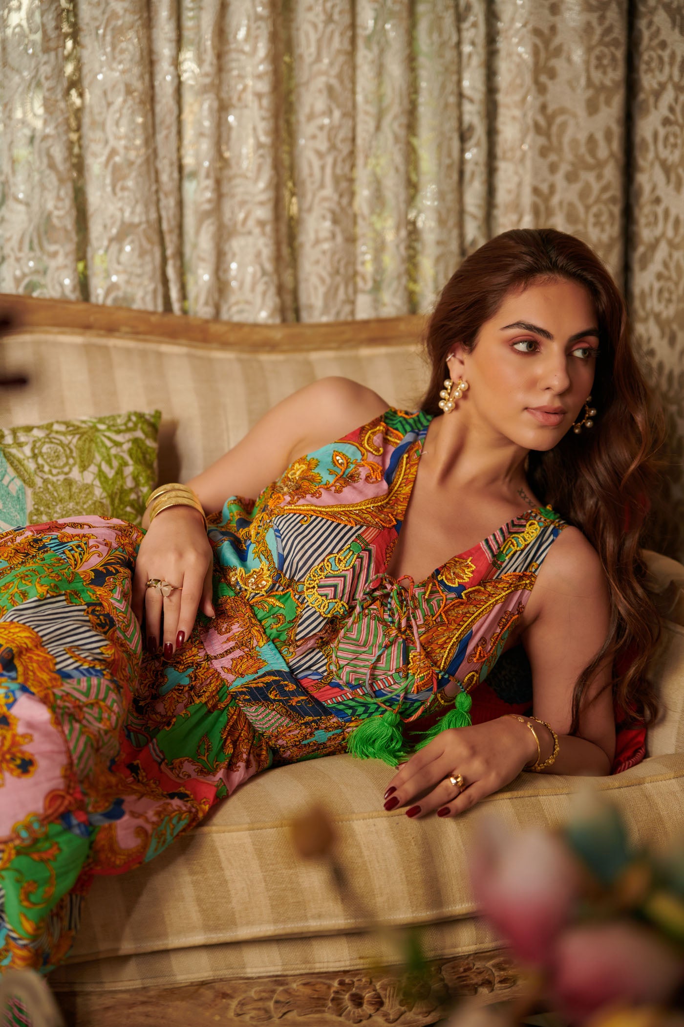Multicolor printed sleevless long tier dress