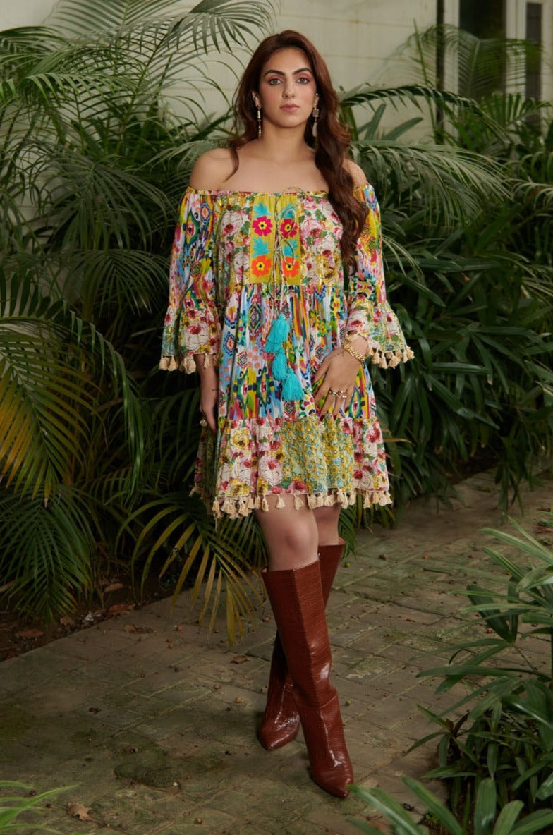 Off shoulder printed multicolor boxy dress