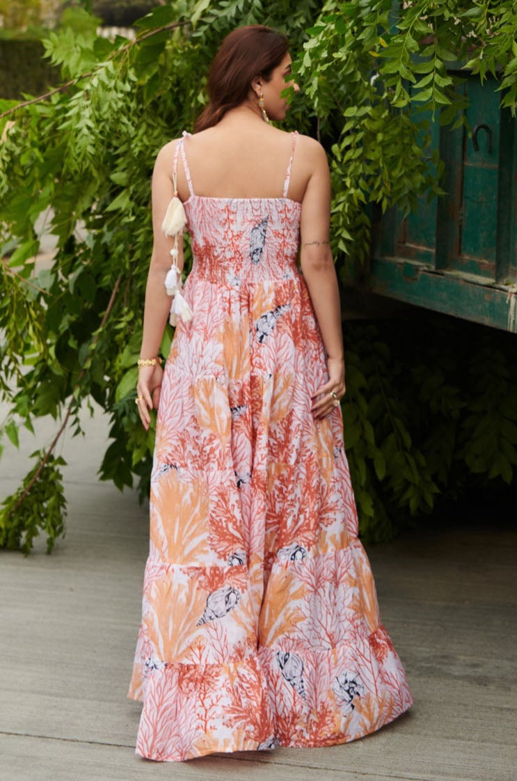 Peach aqua long smocking dress