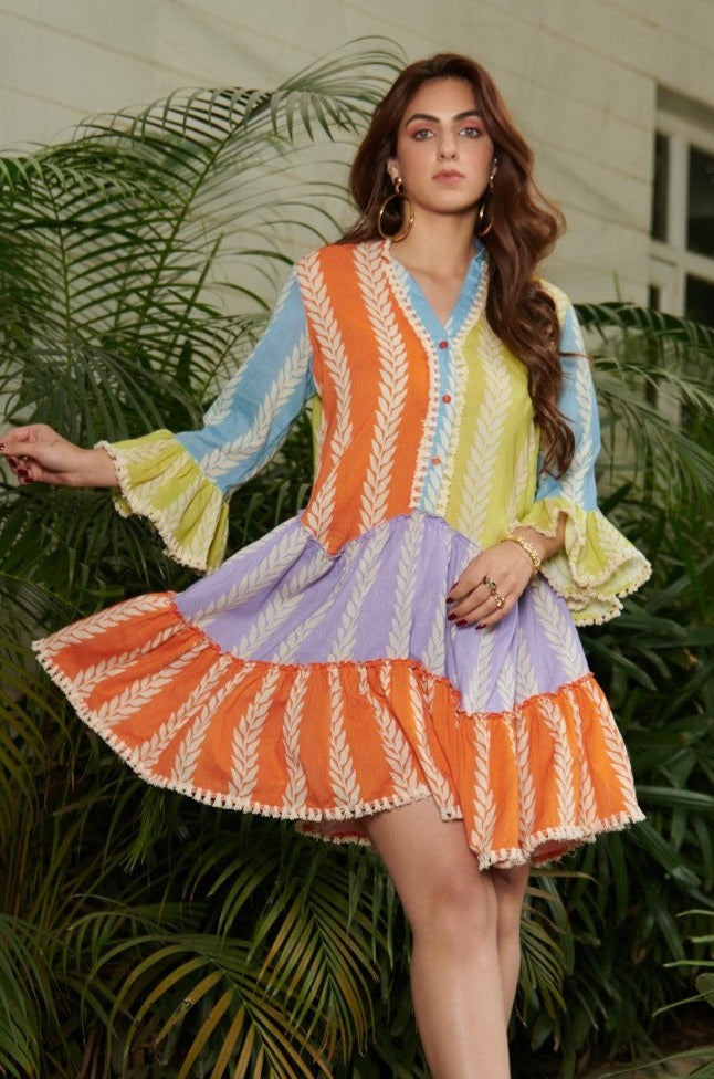 Pastel A-line printed tier short dress