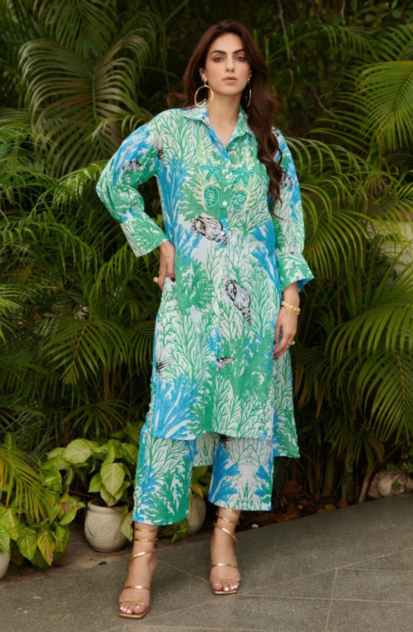 Blue aqua shirt kurta with tapered pants