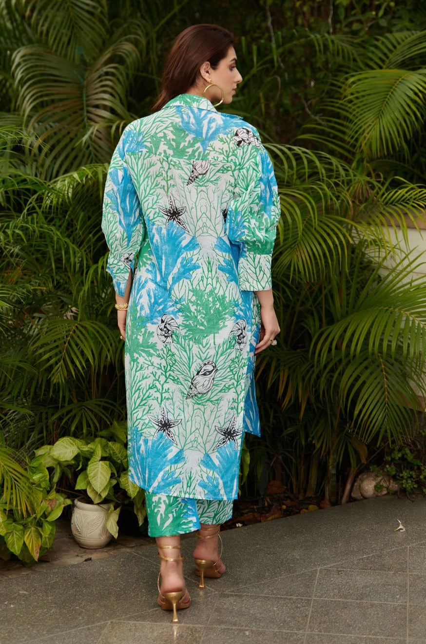 Blue aqua shirt kurta with tapered pants