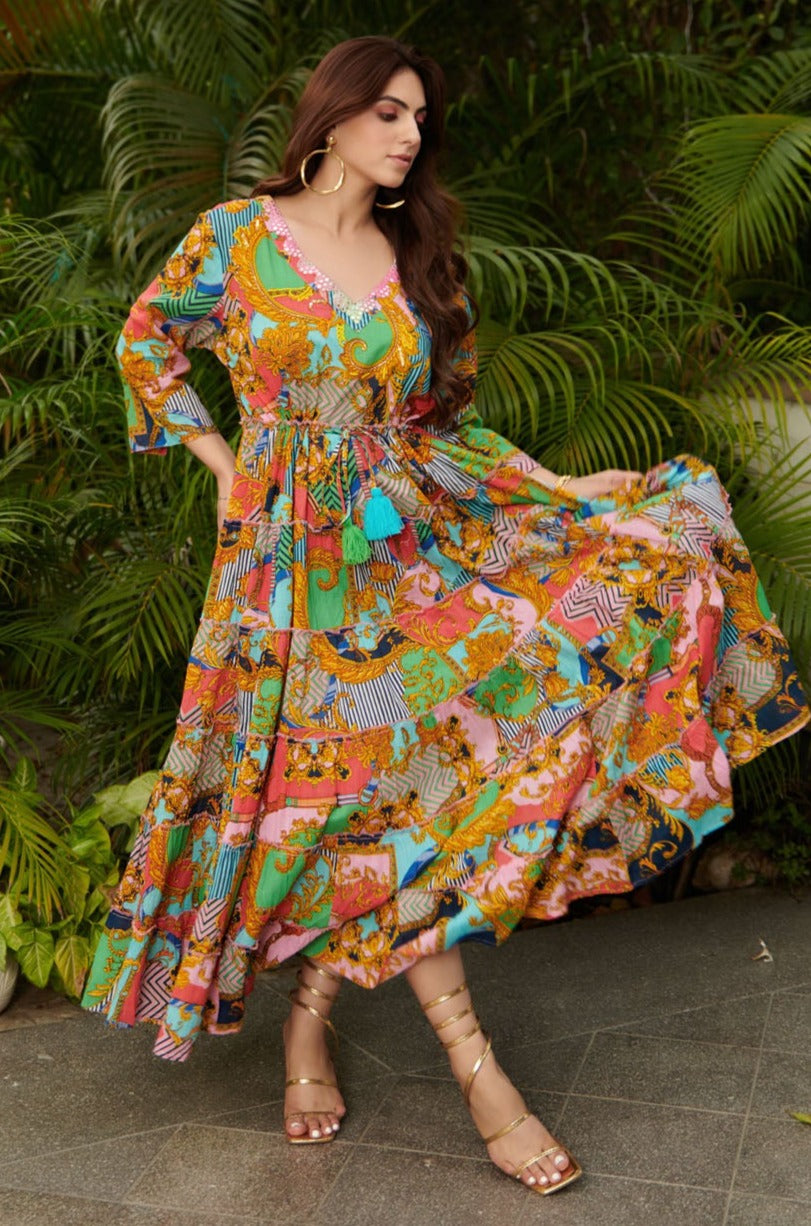 Multicolor printed maxi dress