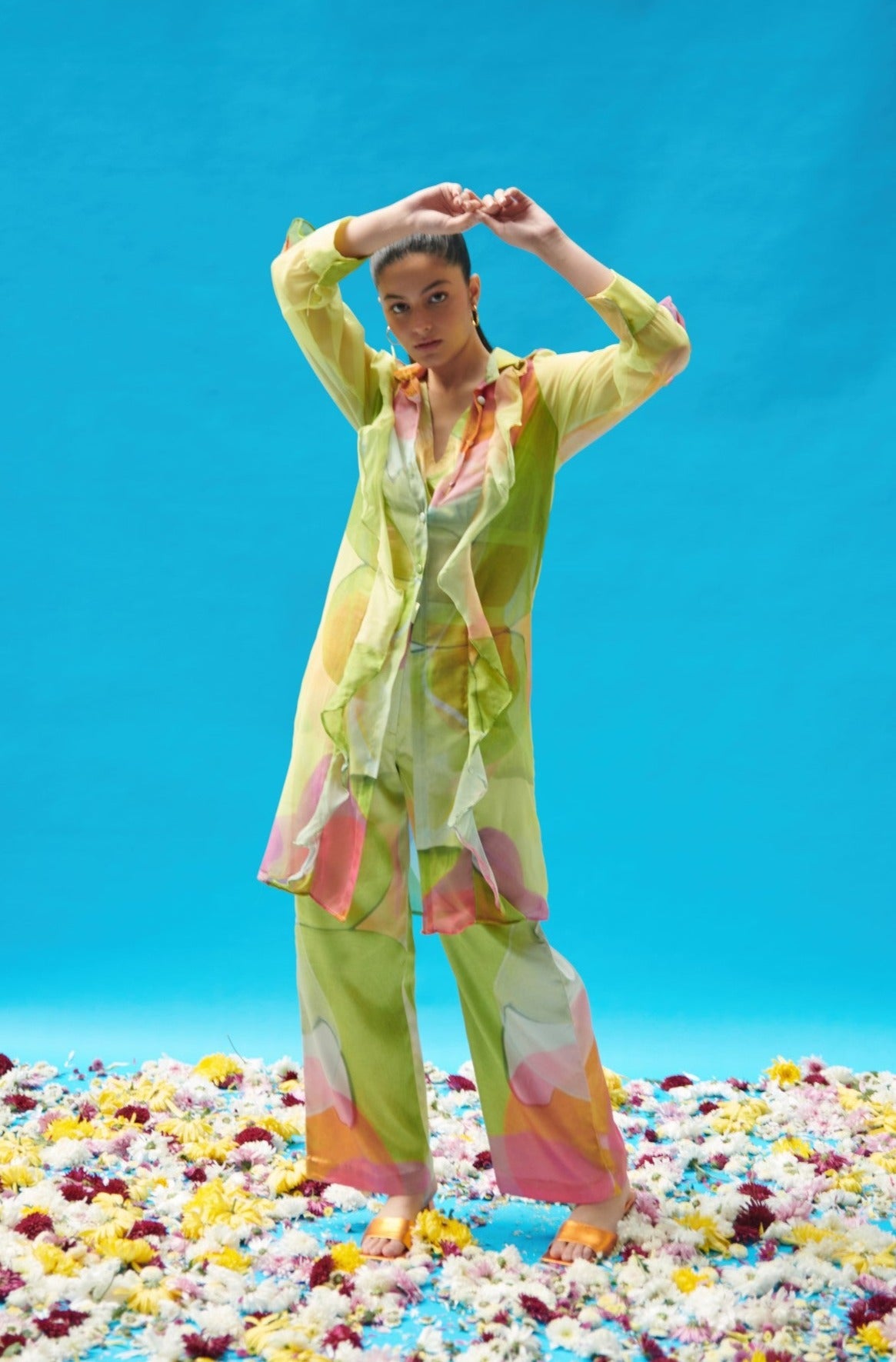 Ruffled Long Shrug With Brallete And Pants