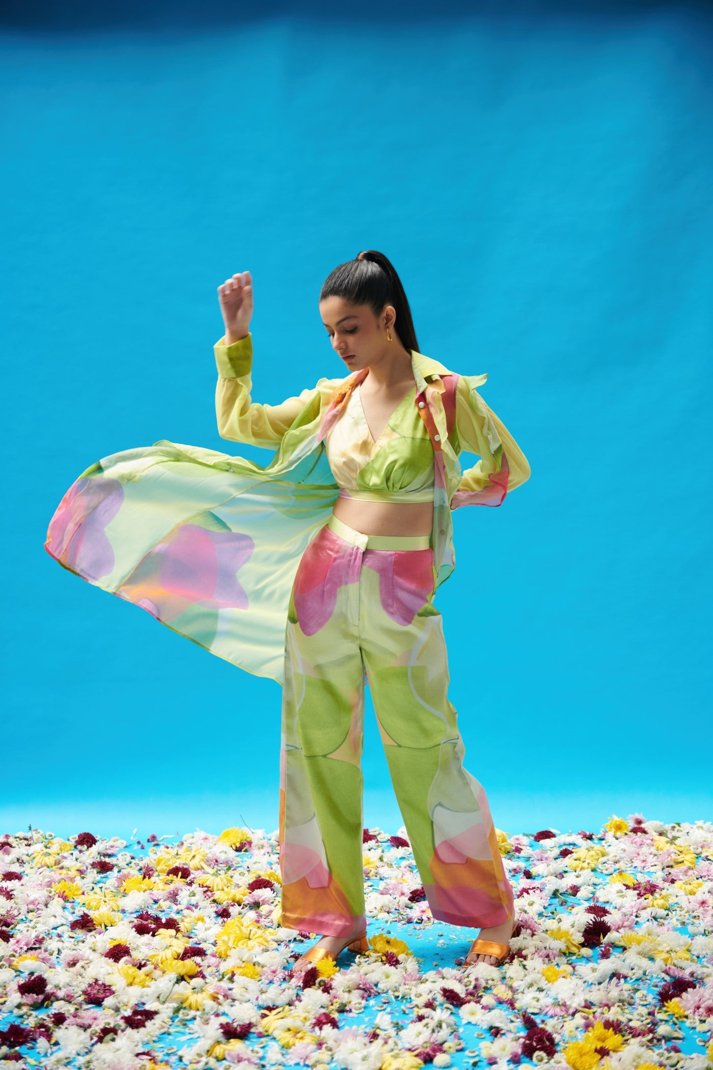 Ruffled Long Shrug With Brallete And Pants