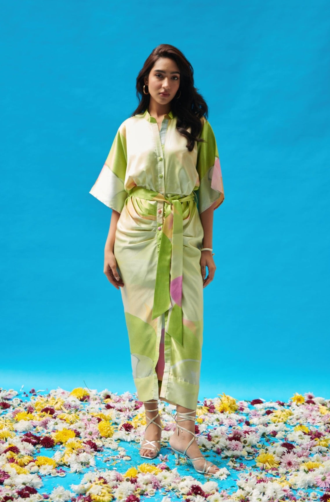 Green Printed Satin Pleated Shirt Dress