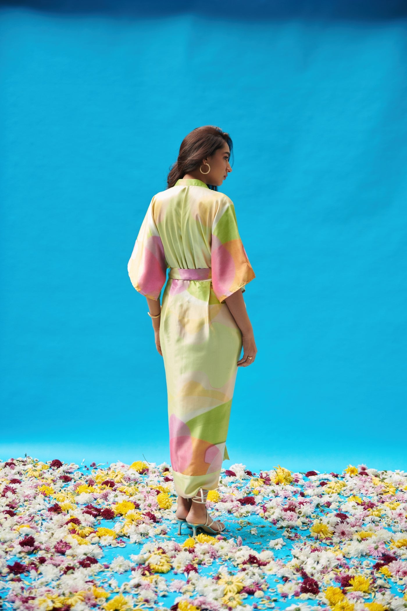Green Printed Satin Pleated Shirt Dress