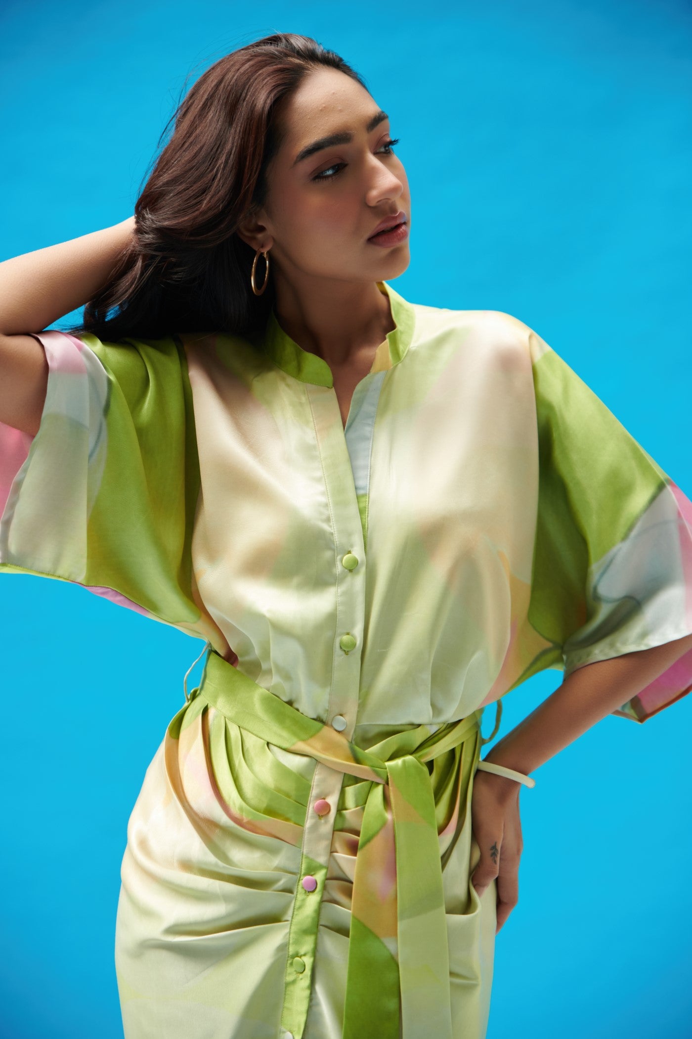 Green Printed Satin Pleated Shirt Dress