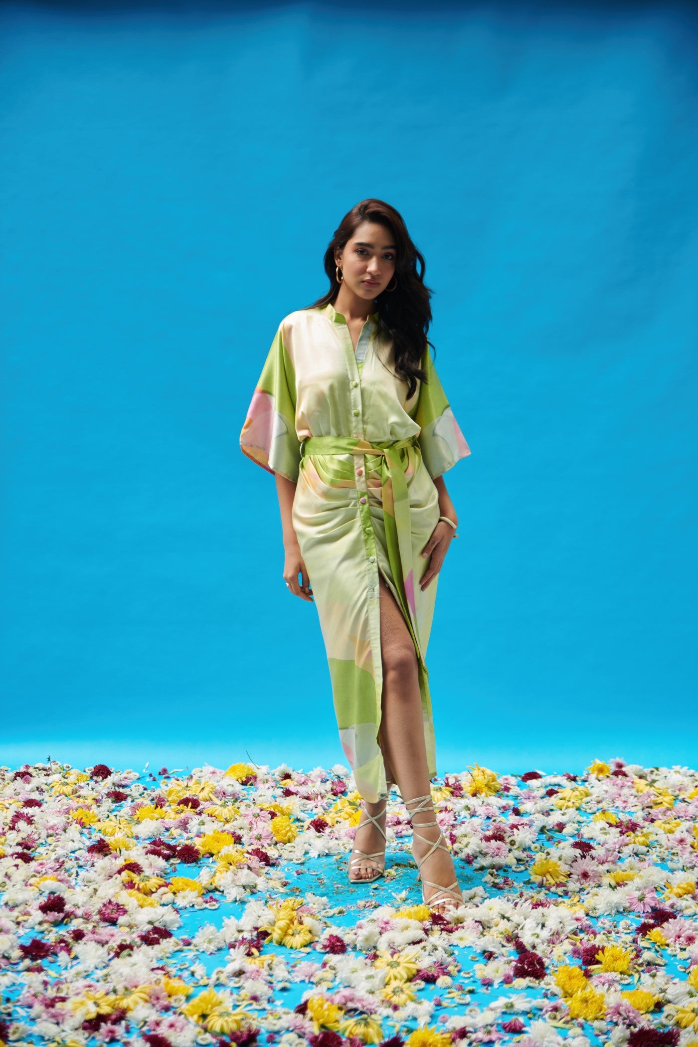 Green Printed Satin Pleated Shirt Dress
