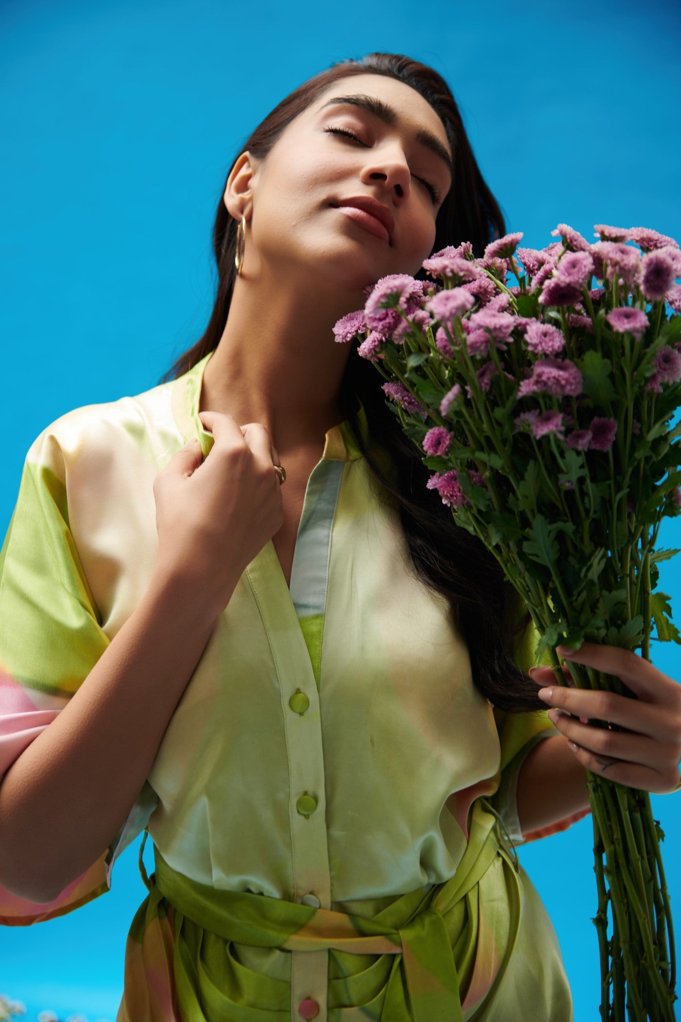 Green Printed Satin Pleated Shirt Dress