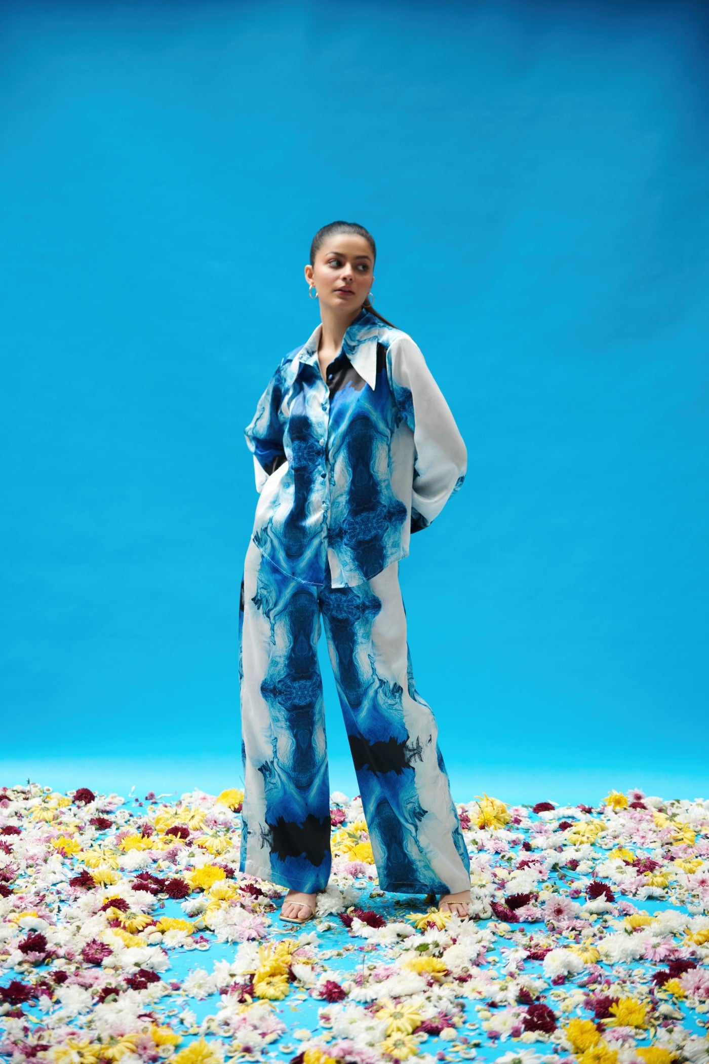 Blue Wave Printed Satin Coord Set