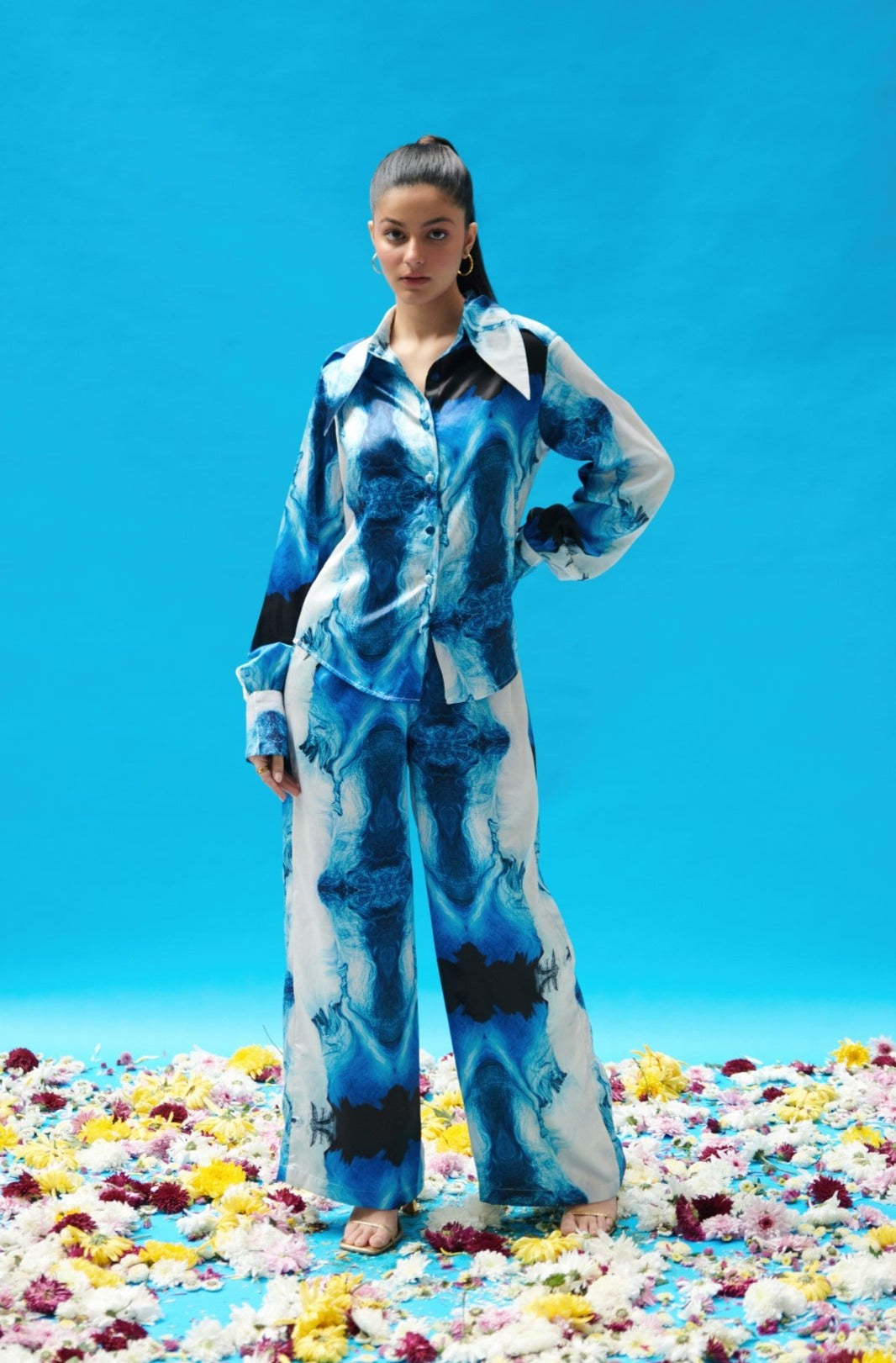 Blue Wave Printed Satin Coord Set