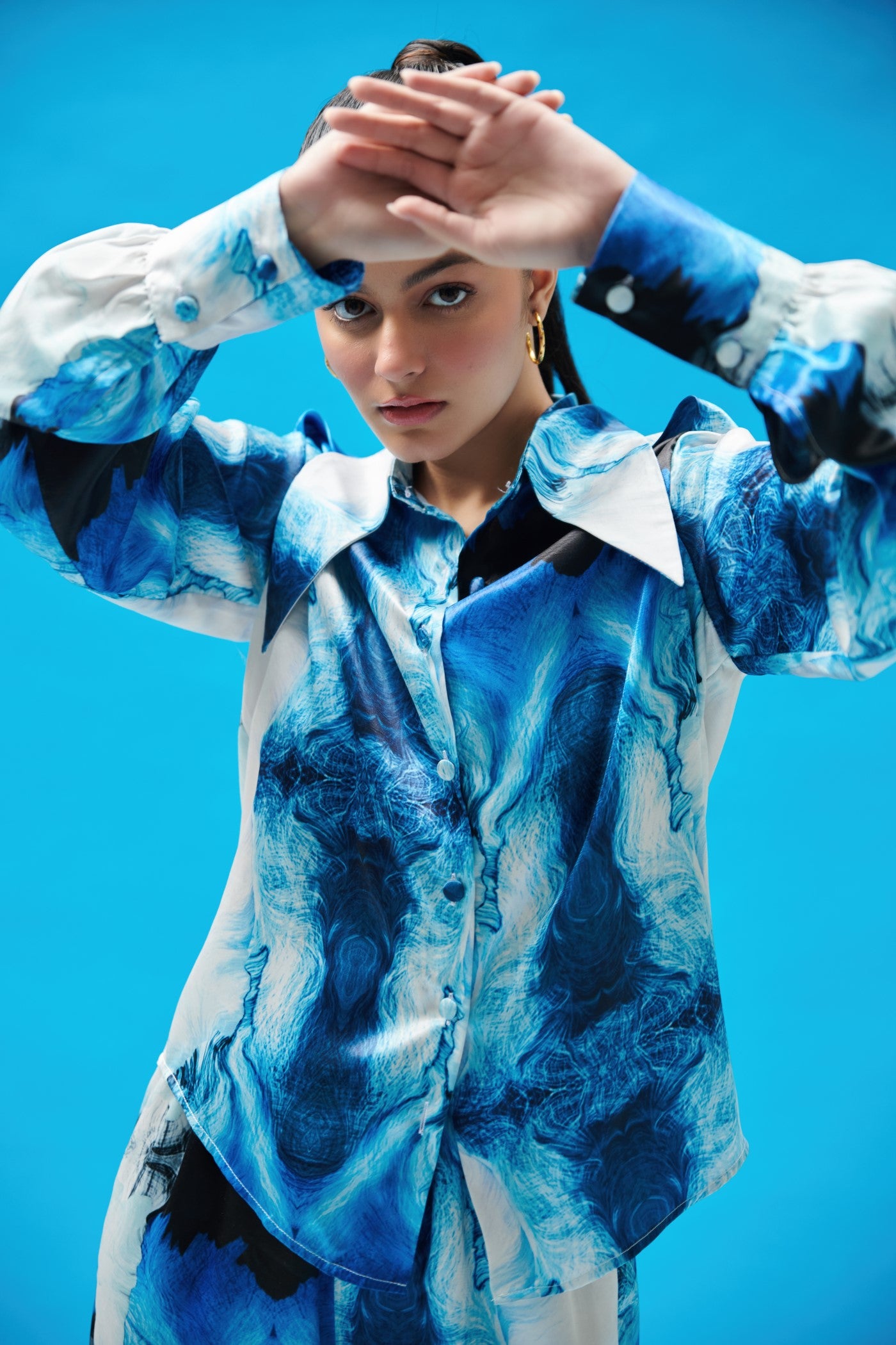 Blue Wave Printed Satin Coord Set