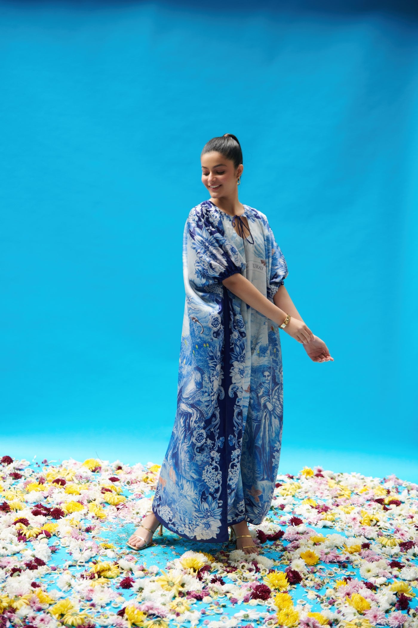 Blue Vintage Print Long Kaftan