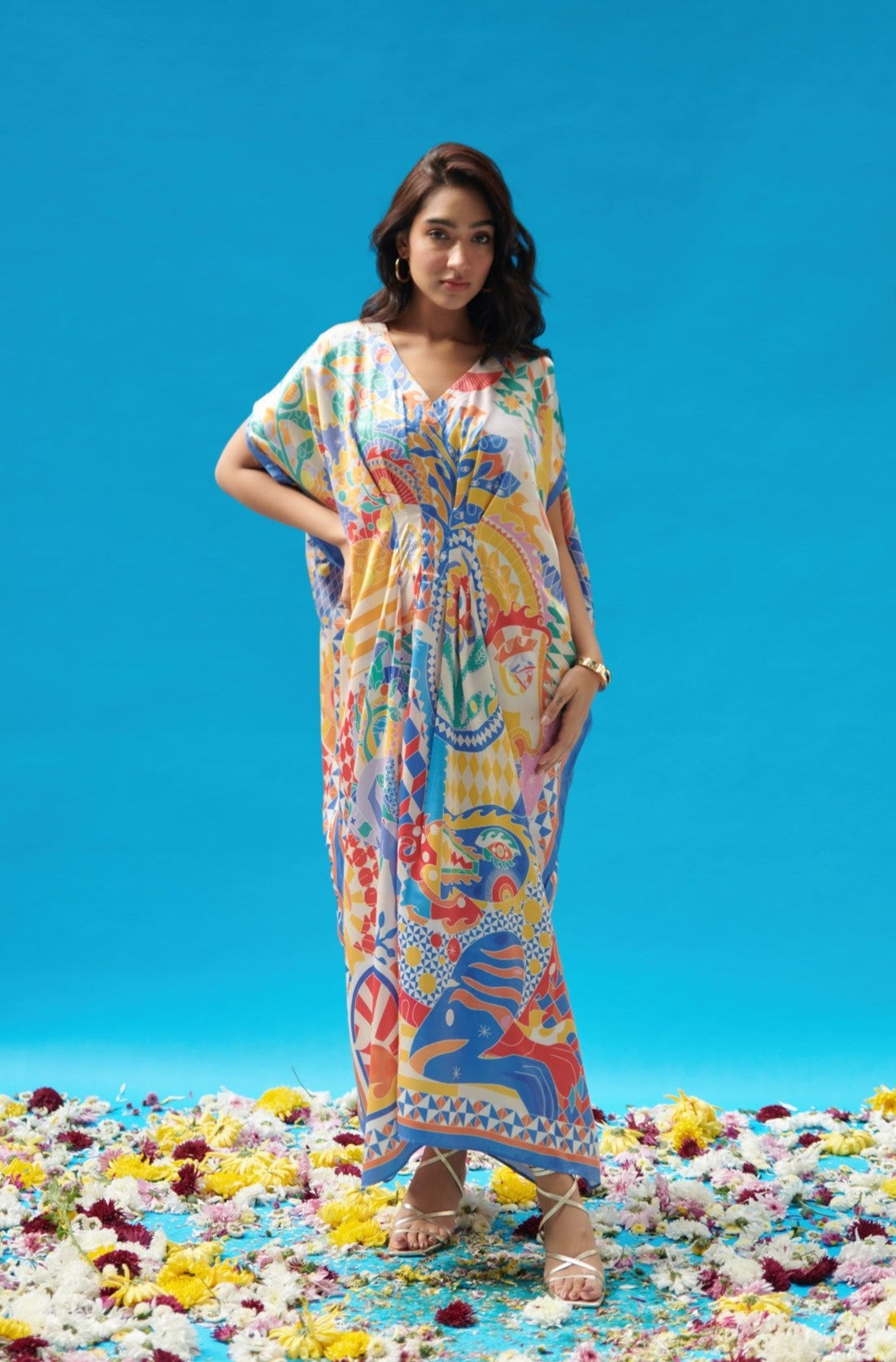 Multicolor Print Pleated Long Kaftan
