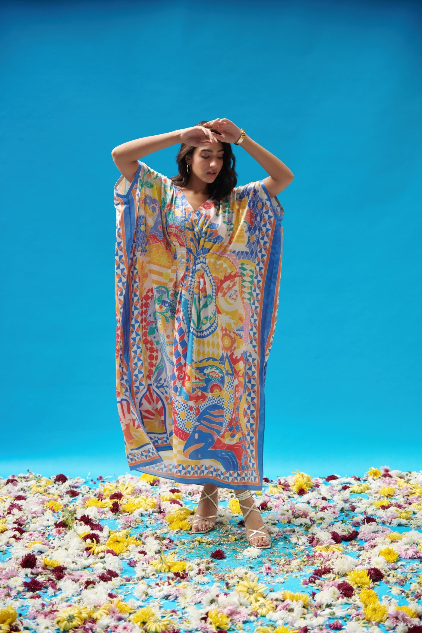 Multicolor Print Pleated Long Kaftan