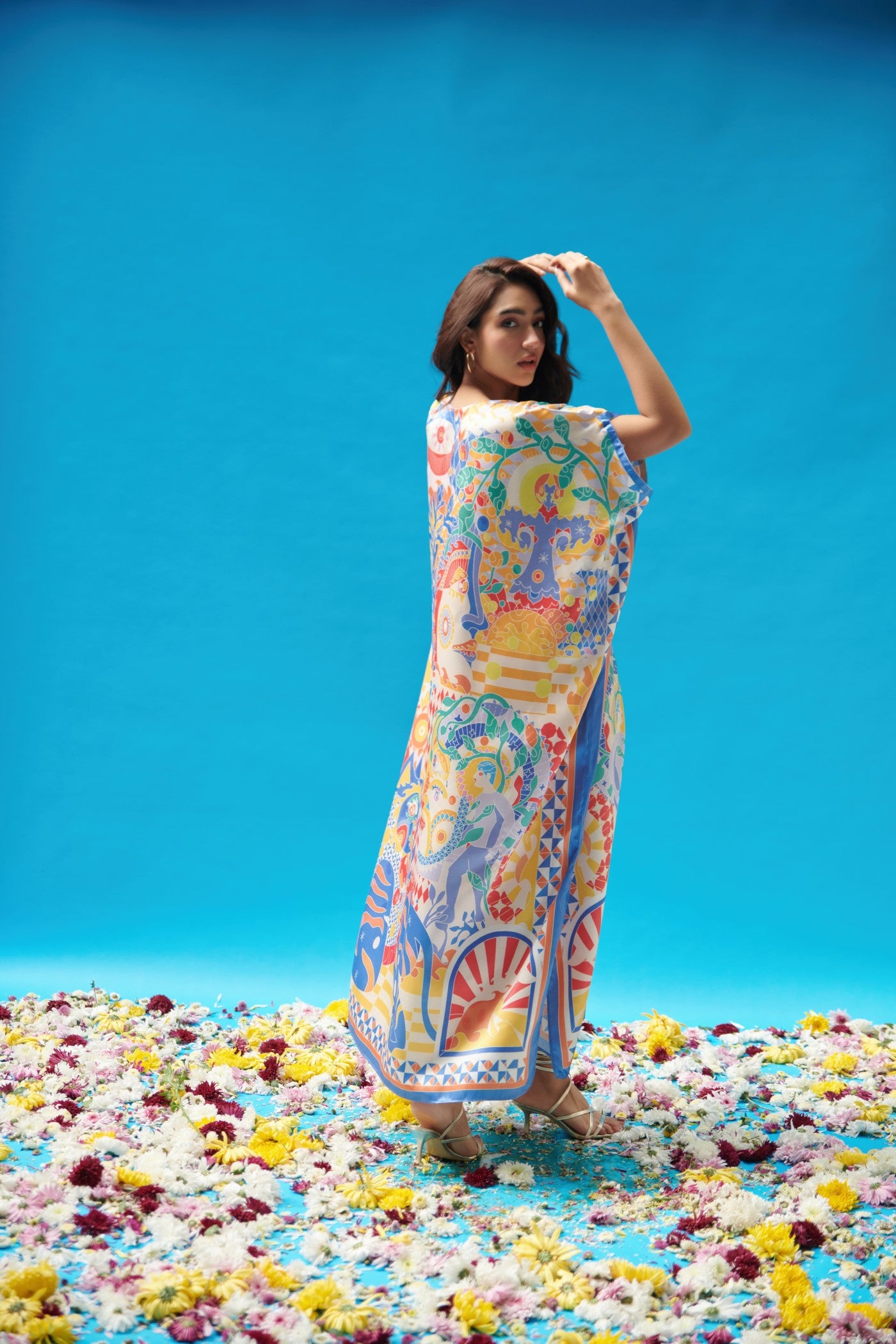 Multicolor Print Pleated Long Kaftan