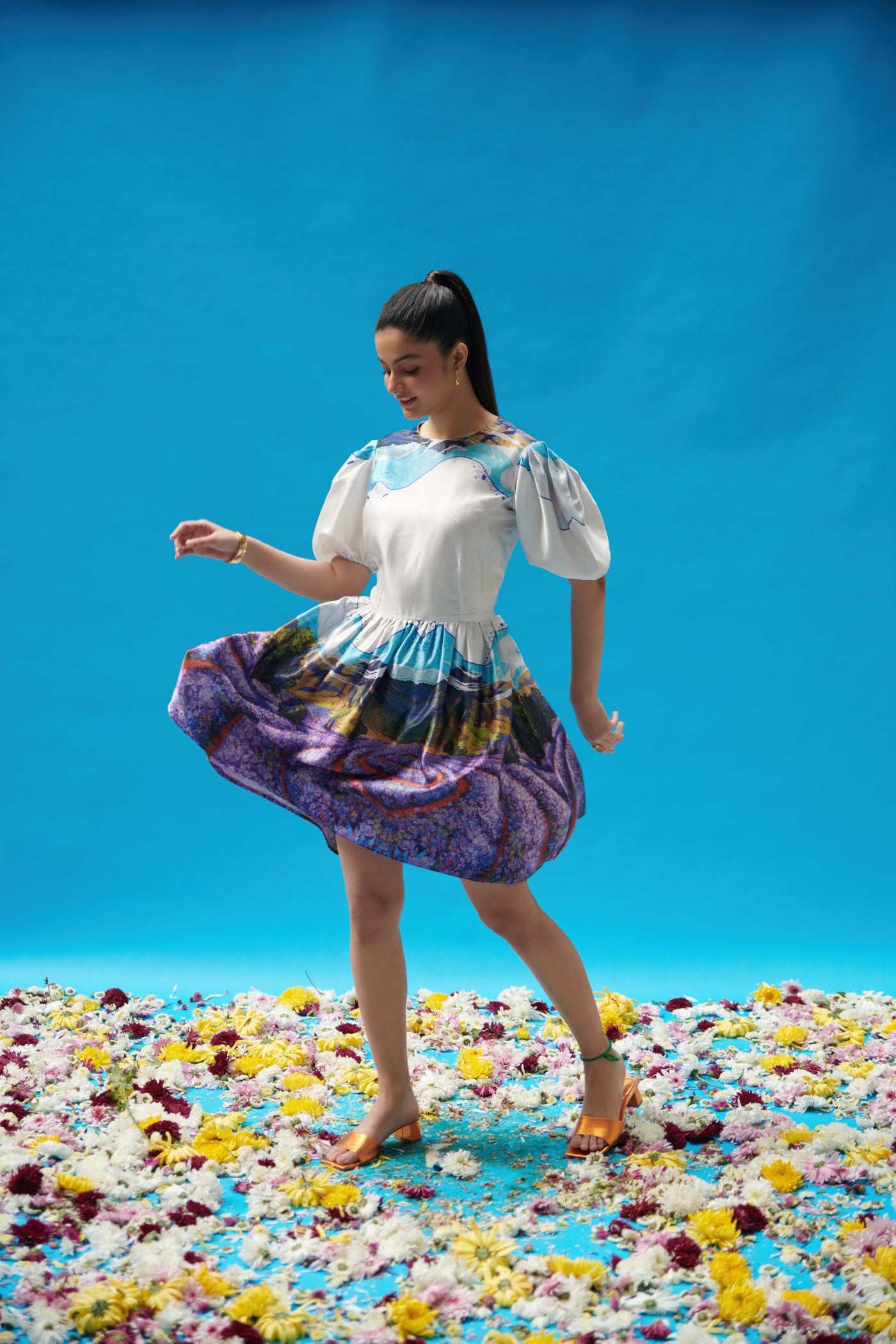 Backless Scenery Printed Mini Dress