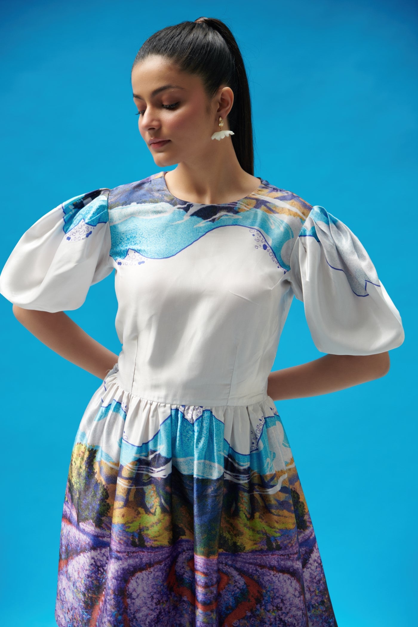 Backless Scenery Printed Mini Dress