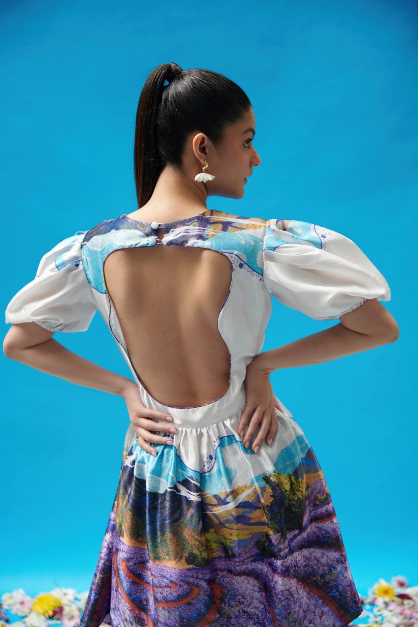 Backless Scenery Printed Mini Dress