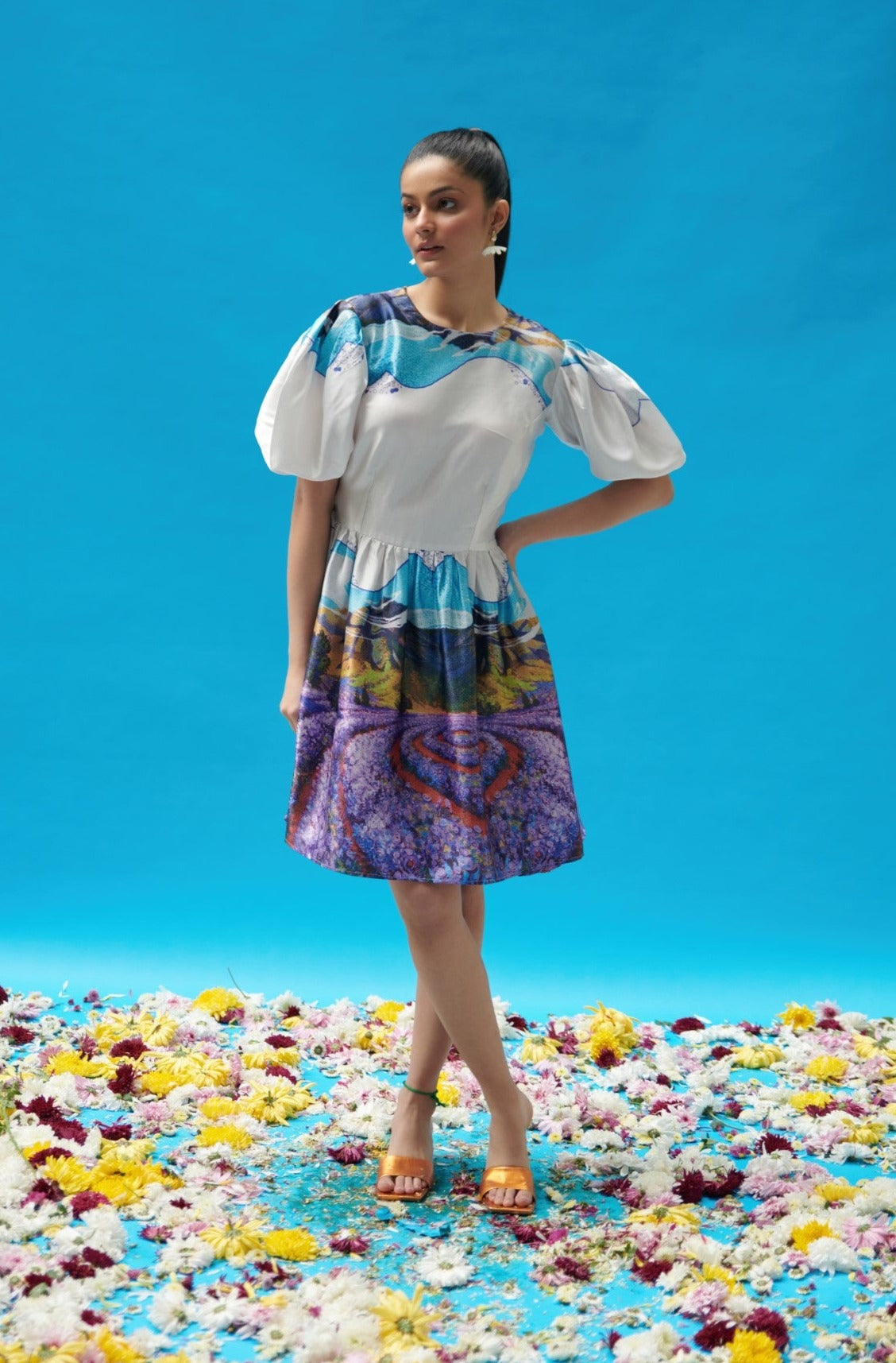 Backless Scenery Printed Mini Dress