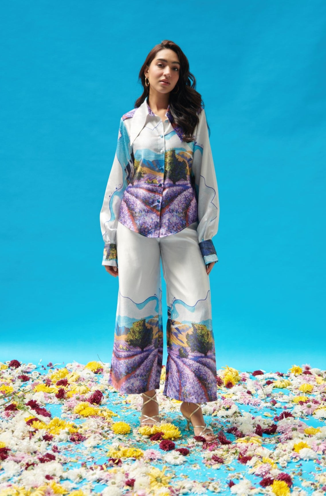 Long Collar Printed Shirt With Pants