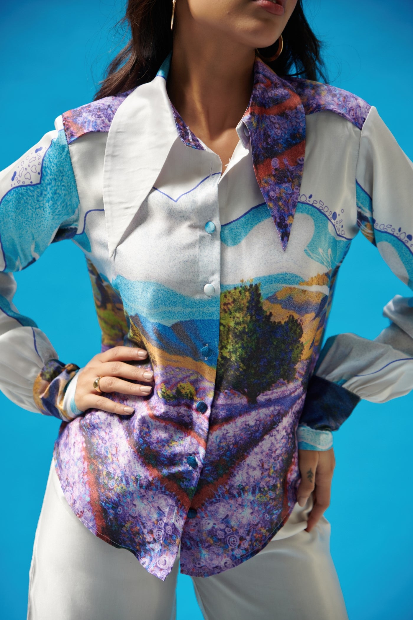 Long Collar Printed Shirt With Pants
