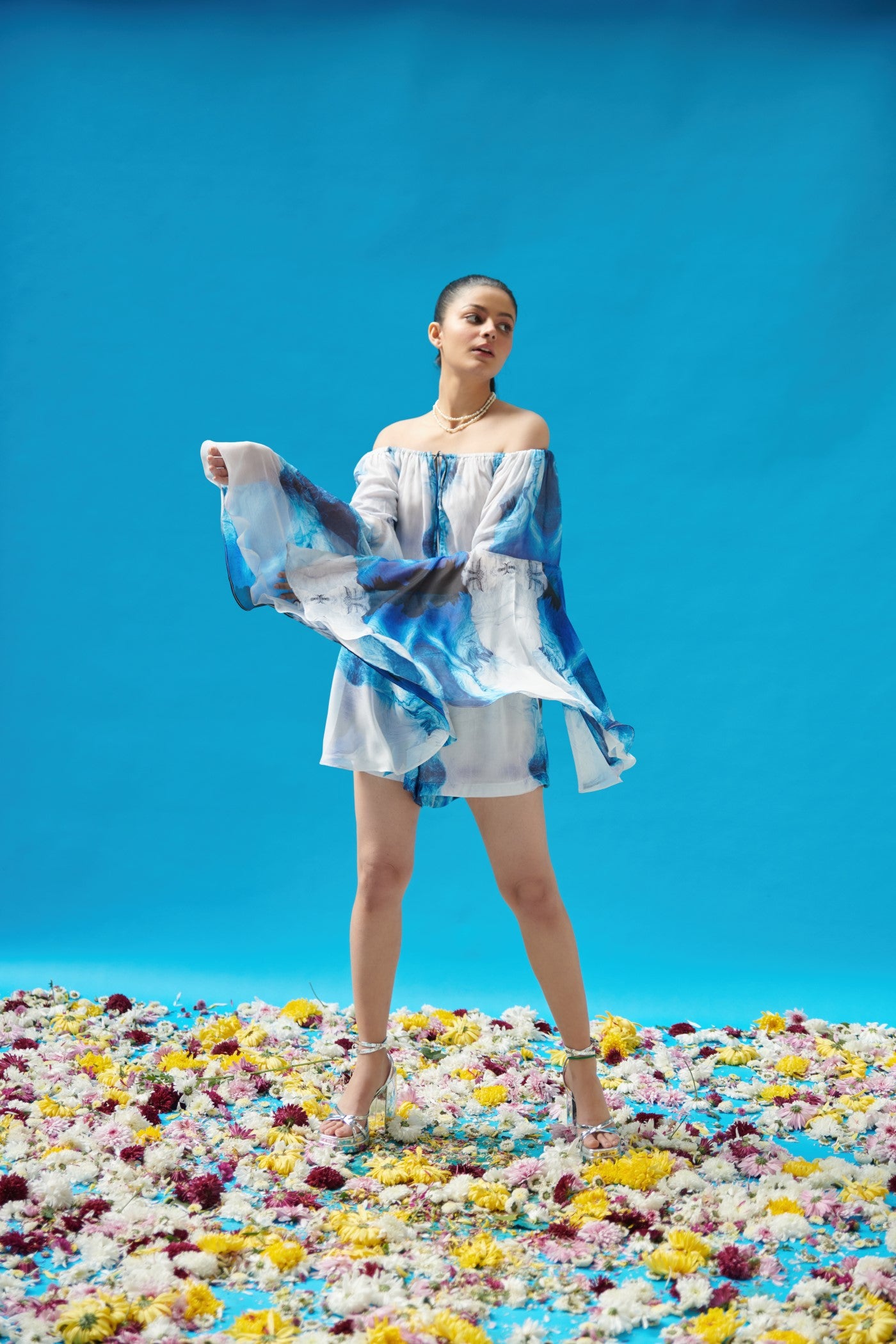 Blue Wave Printed Off Shoulder Playsuit