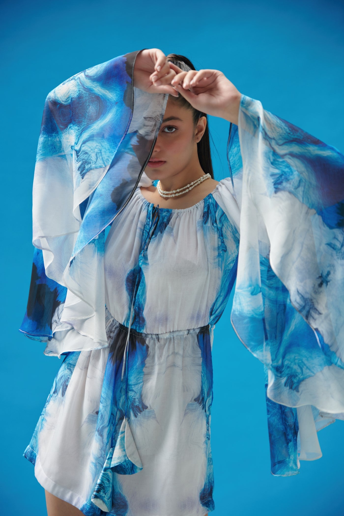 Blue Wave Printed Off Shoulder Playsuit